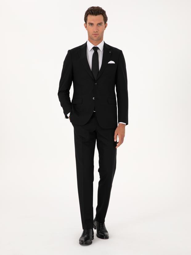 Siyah Slim Fit Mikro Desenli Mono Yaka Yün Karışımlı Takım Elbise