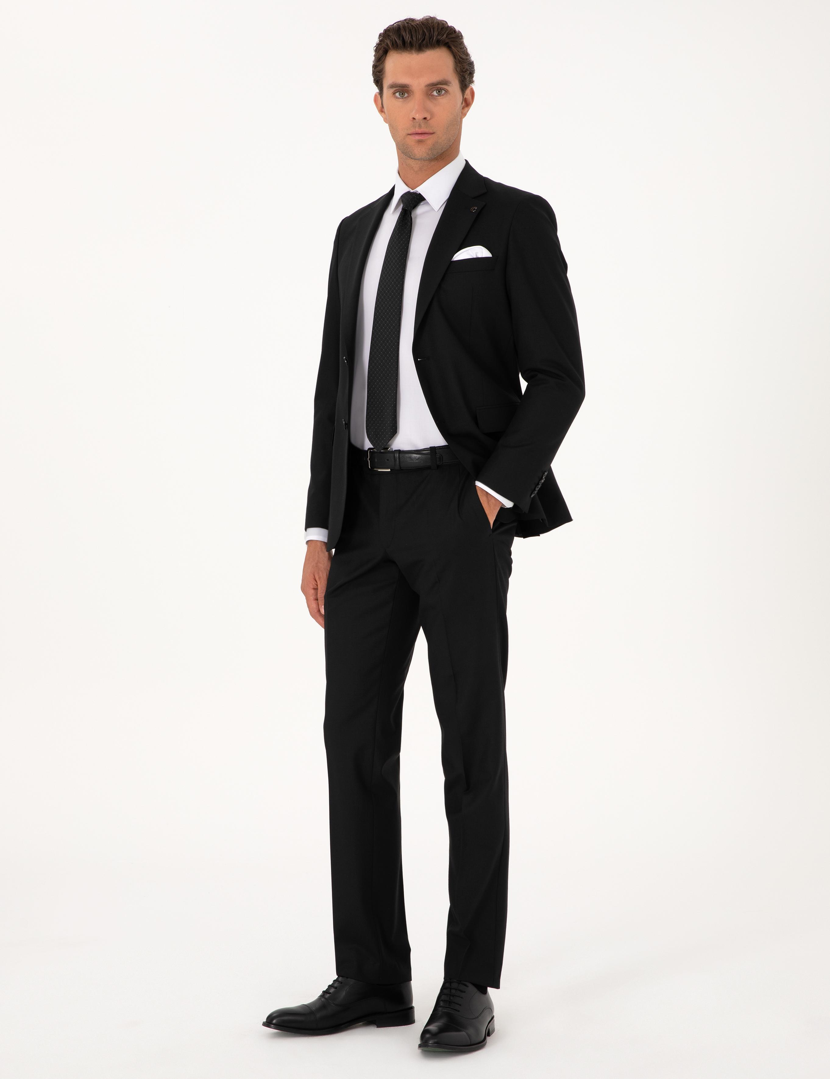 Siyah Slim Fit Mikro Desenli Mono Yaka Yün Karışımlı Takım Elbise - 50311025038
