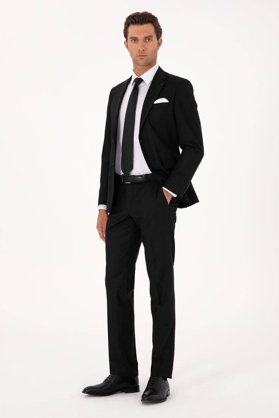 Siyah Slim Fit Mikro Desenli Mono Yaka Yün Karışımlı Takım Elbise - 50311025038