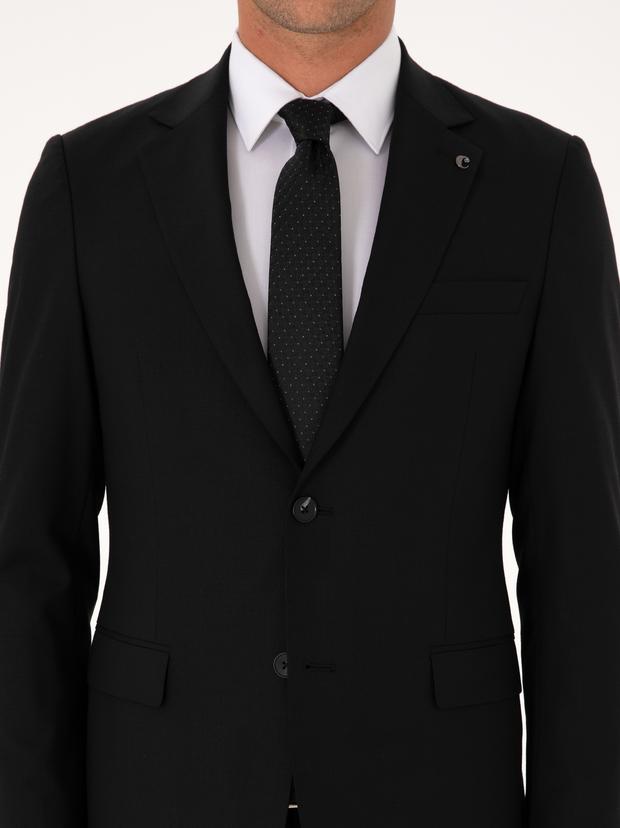Siyah Slim Fit Mikro Desenli Mono Yaka Yün Karışımlı Takım Elbise