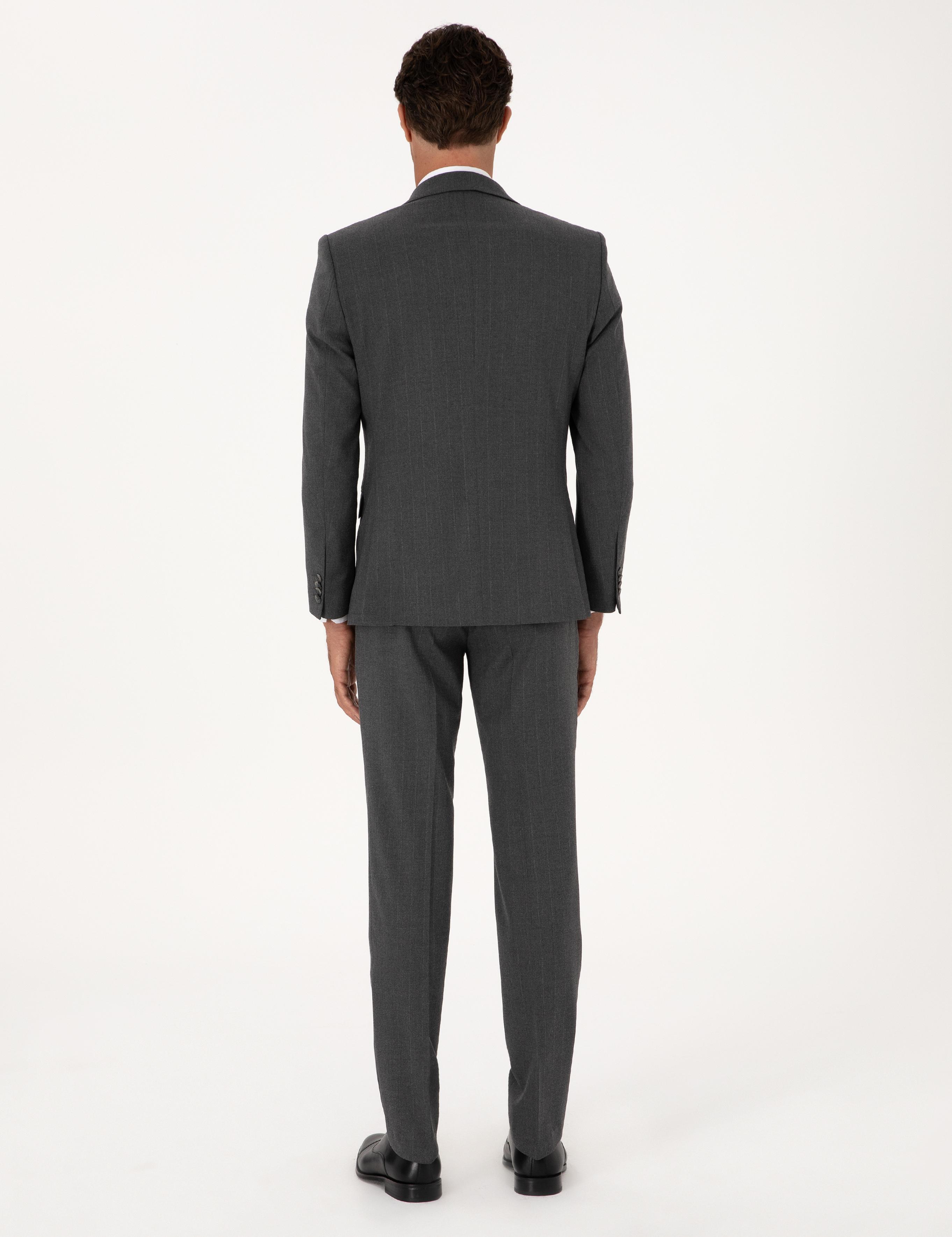 Füme Slim Fit Çizgili Mono Yaka Yün Karışımlı Takım Elbise - 50316335017