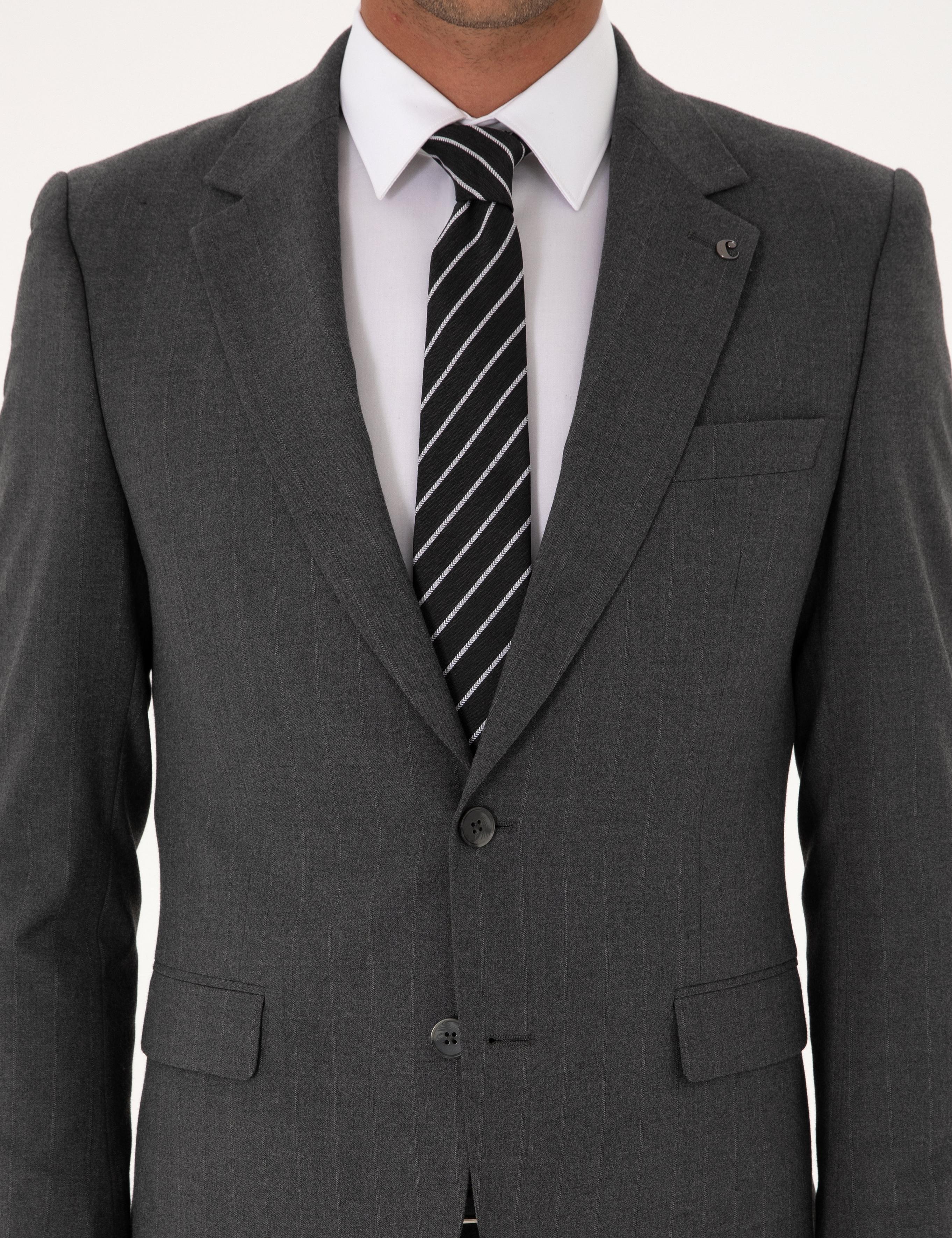 Füme Slim Fit Çizgili Mono Yaka Yün Karışımlı Takım Elbise - 50316335017