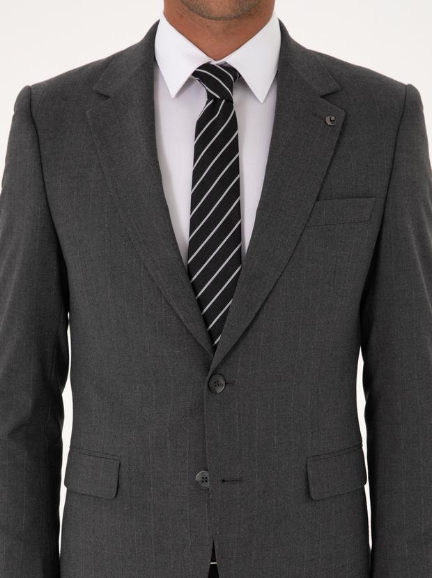 Füme Slim Fit Çizgili Mono Yaka Yün Karışımlı Takım Elbise