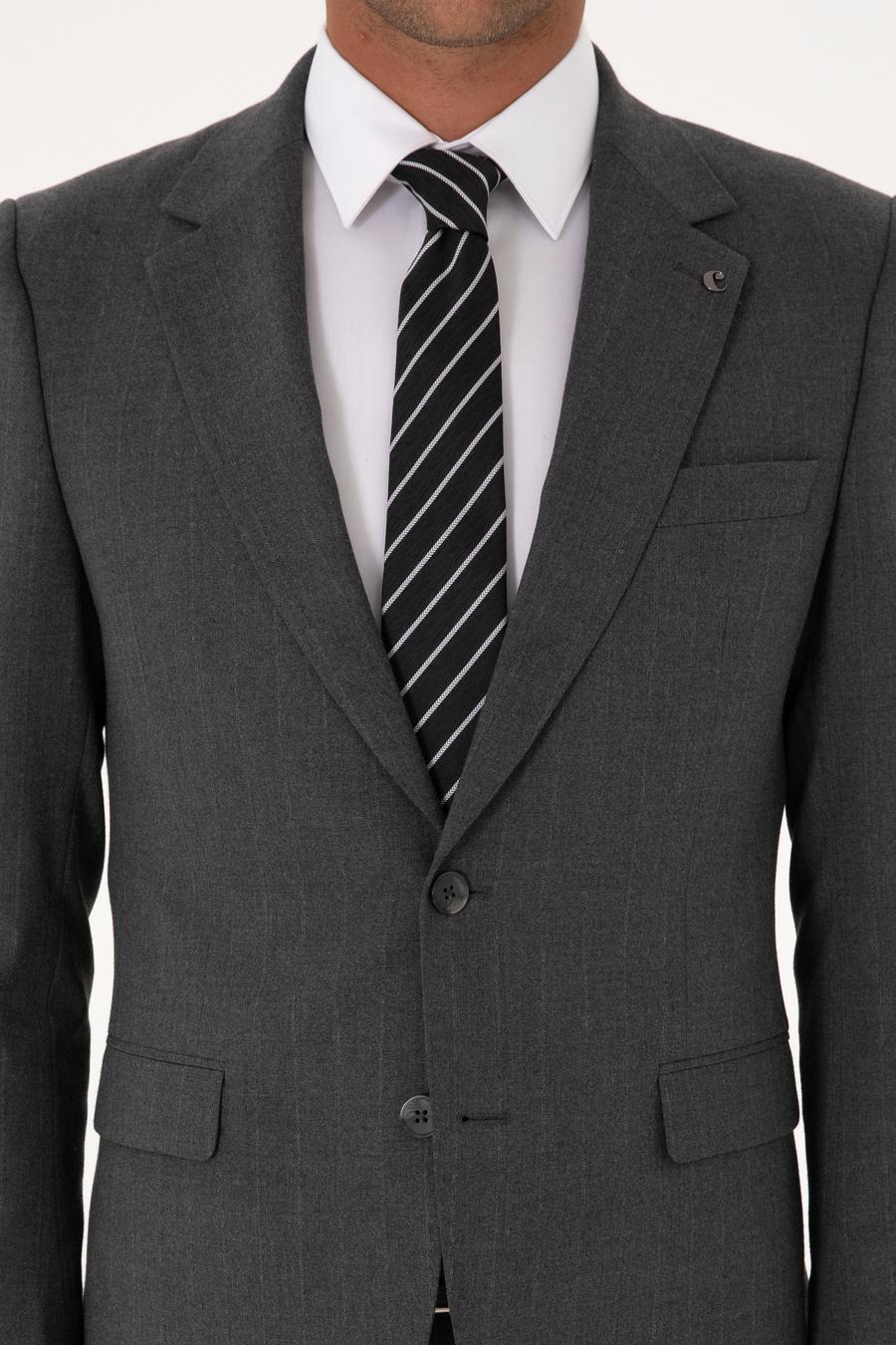 Füme Slim Fit Çizgili Mono Yaka Yün Karışımlı Takım Elbise - 50316335017