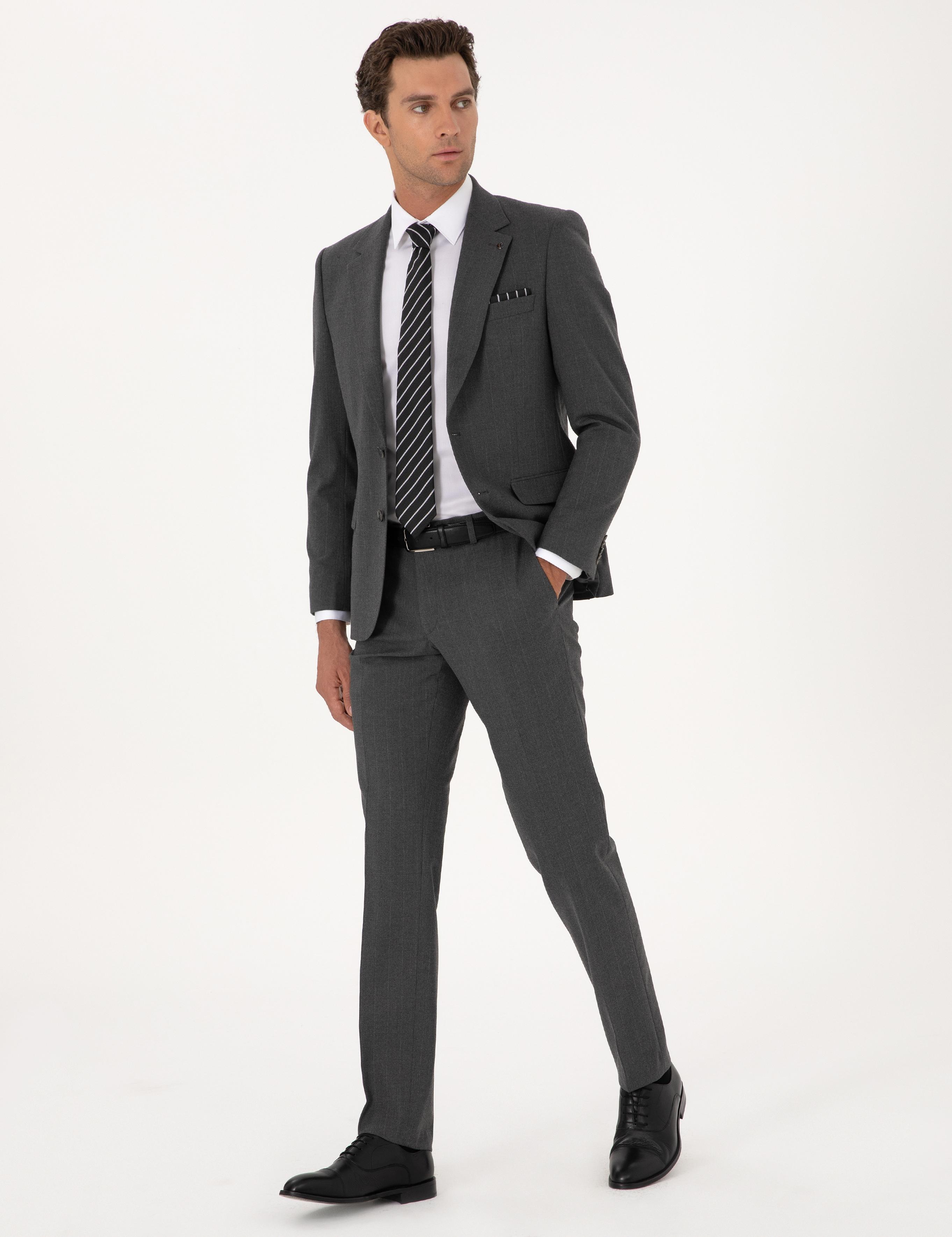 Füme Slim Fit Çizgili Mono Yaka Yün Karışımlı Takım Elbise - 50316335017