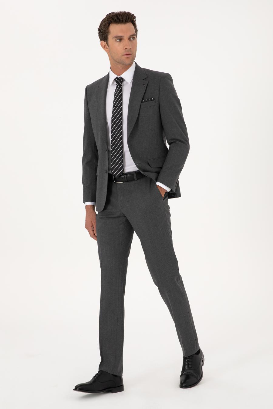 Füme Slim Fit Çizgili Mono Yaka Yün Karışımlı Takım Elbise - 50316335017