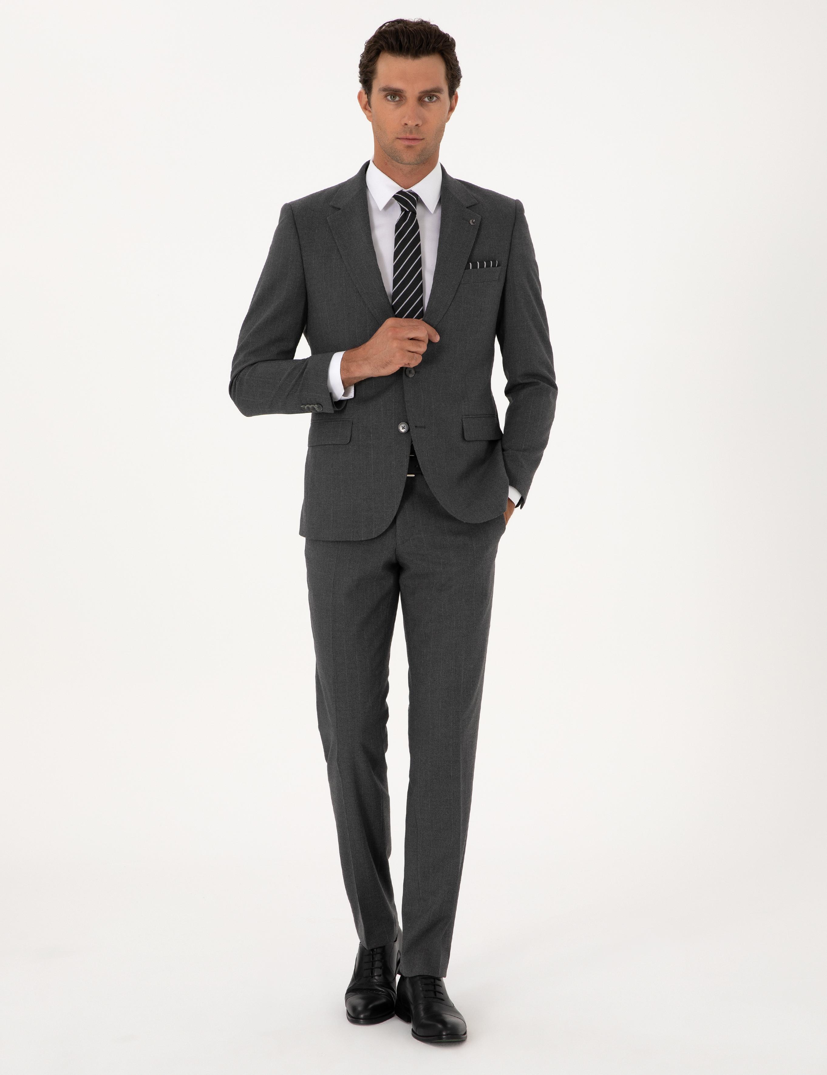 Füme Slim Fit Çizgili Mono Yaka Yün Karışımlı Takım Elbise - 50316335017