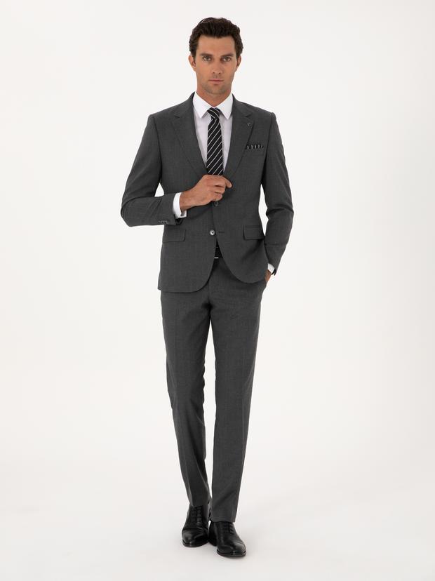 Füme Slim Fit Çizgili Mono Yaka Yün Karışımlı Takım Elbise