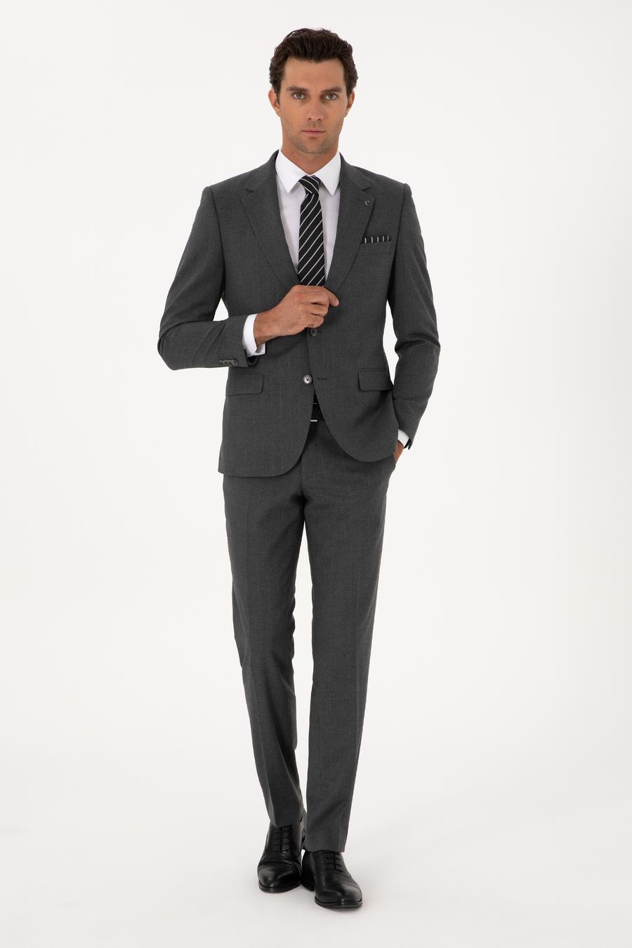 Füme Slim Fit Çizgili Mono Yaka Yün Karışımlı Takım Elbise - 50316335017