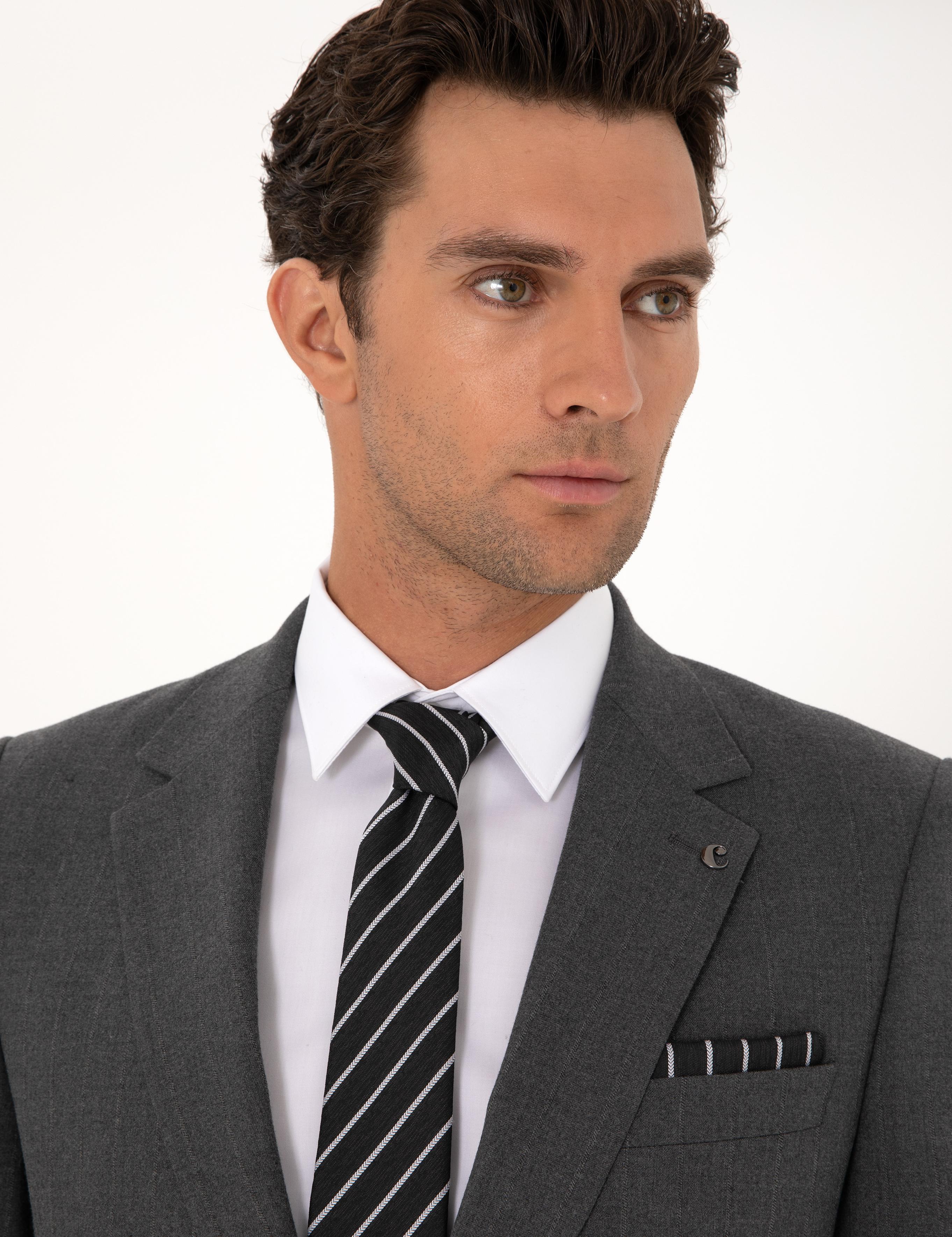 Füme Slim Fit Çizgili Mono Yaka Yün Karışımlı Takım Elbise - 50316335017