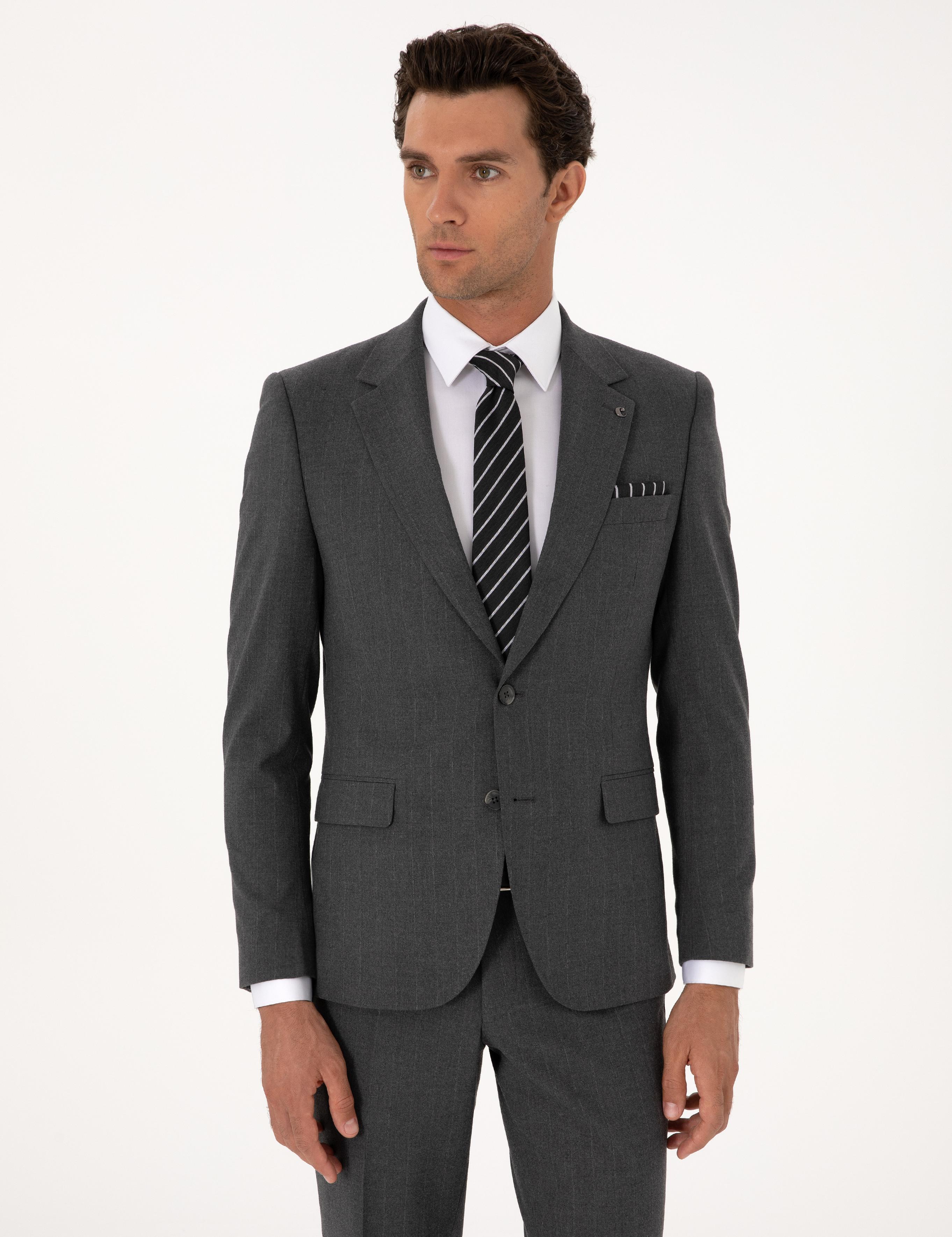Füme Slim Fit Çizgili Mono Yaka Yün Karışımlı Takım Elbise - 50316335017