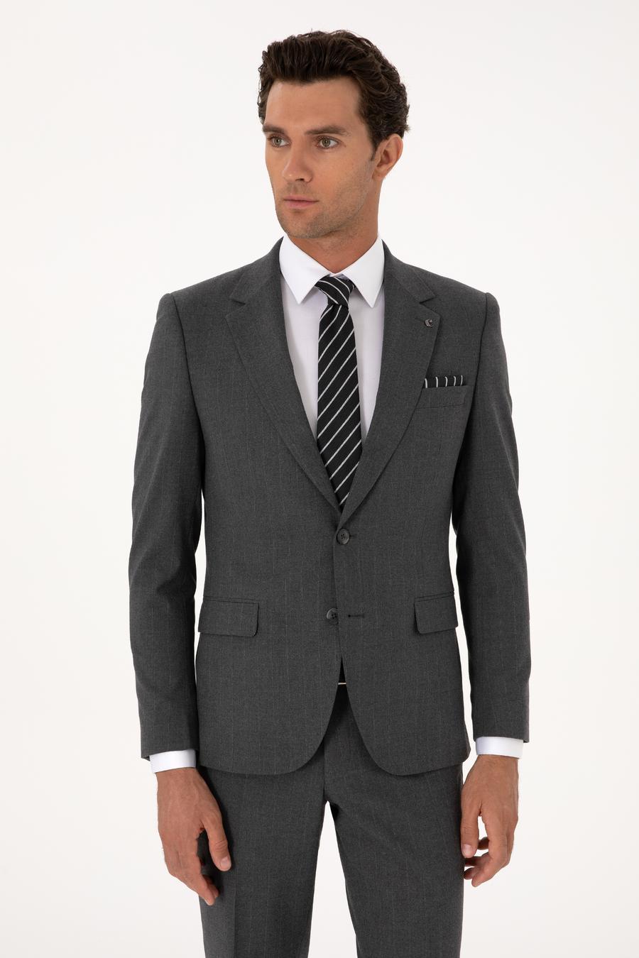 Füme Slim Fit Çizgili Mono Yaka Yün Karışımlı Takım Elbise - 50316335017