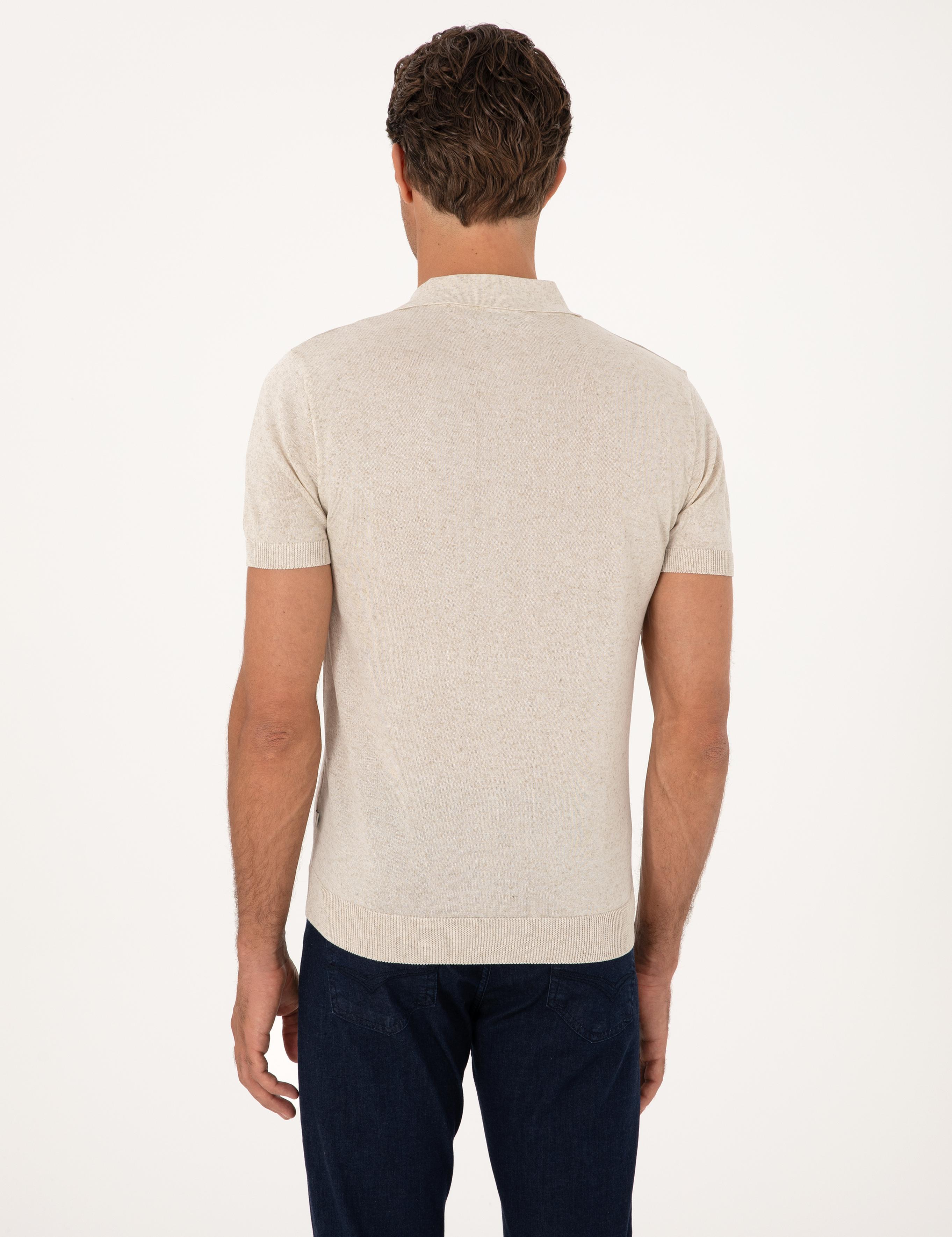 Ekru Slim Fit Keten Karışımlı Fermuarlı Polo Yaka Triko T-shirt - 50300822012