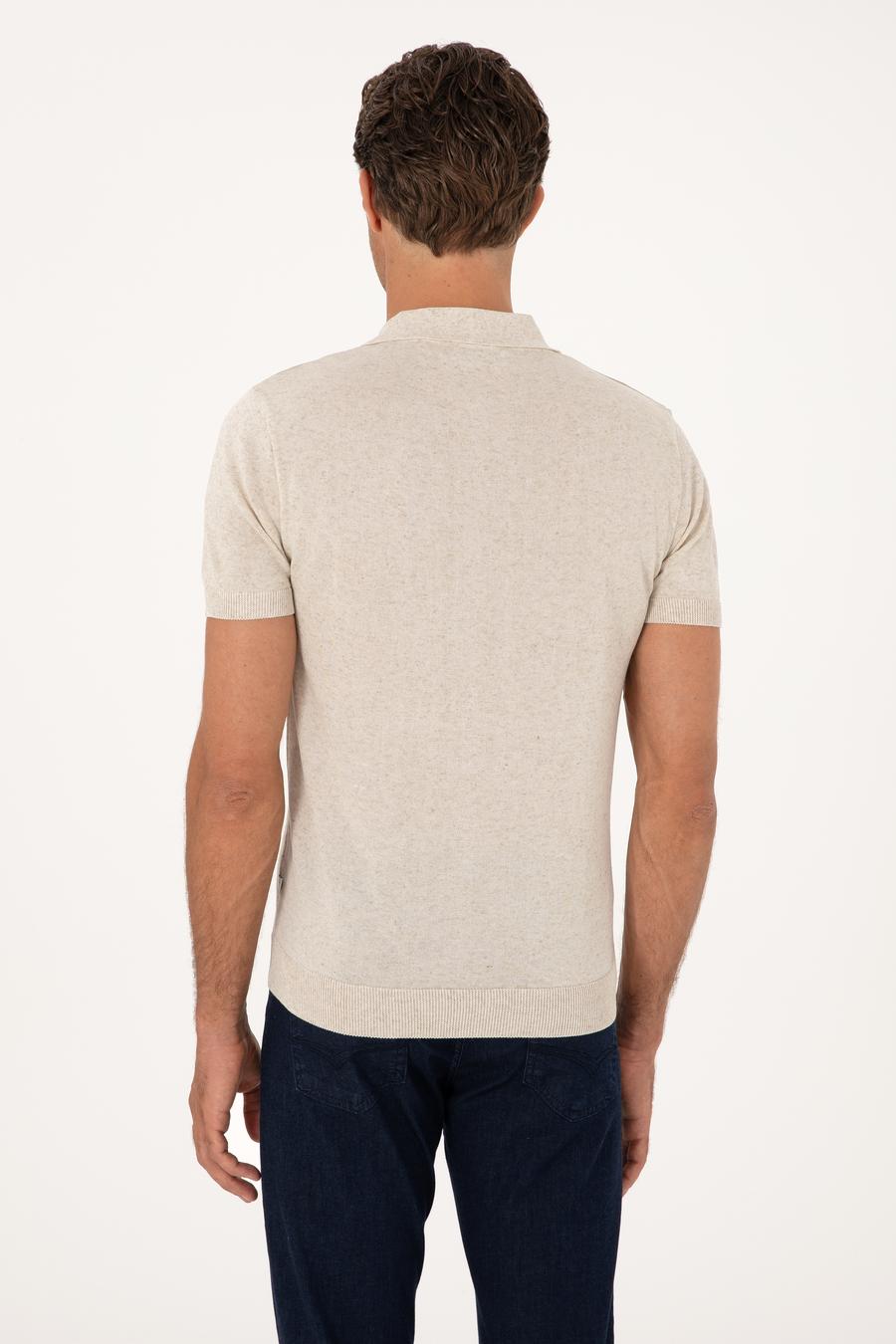 Ekru Slim Fit Keten Karışımlı Fermuarlı Polo Yaka Triko T-shirt - 50300822012