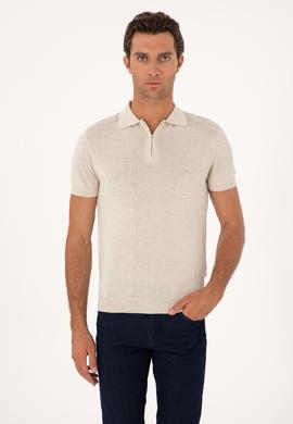 Ekru Slim Fit Keten Karışımlı Fermuarlı Polo Yaka Triko T-shirt