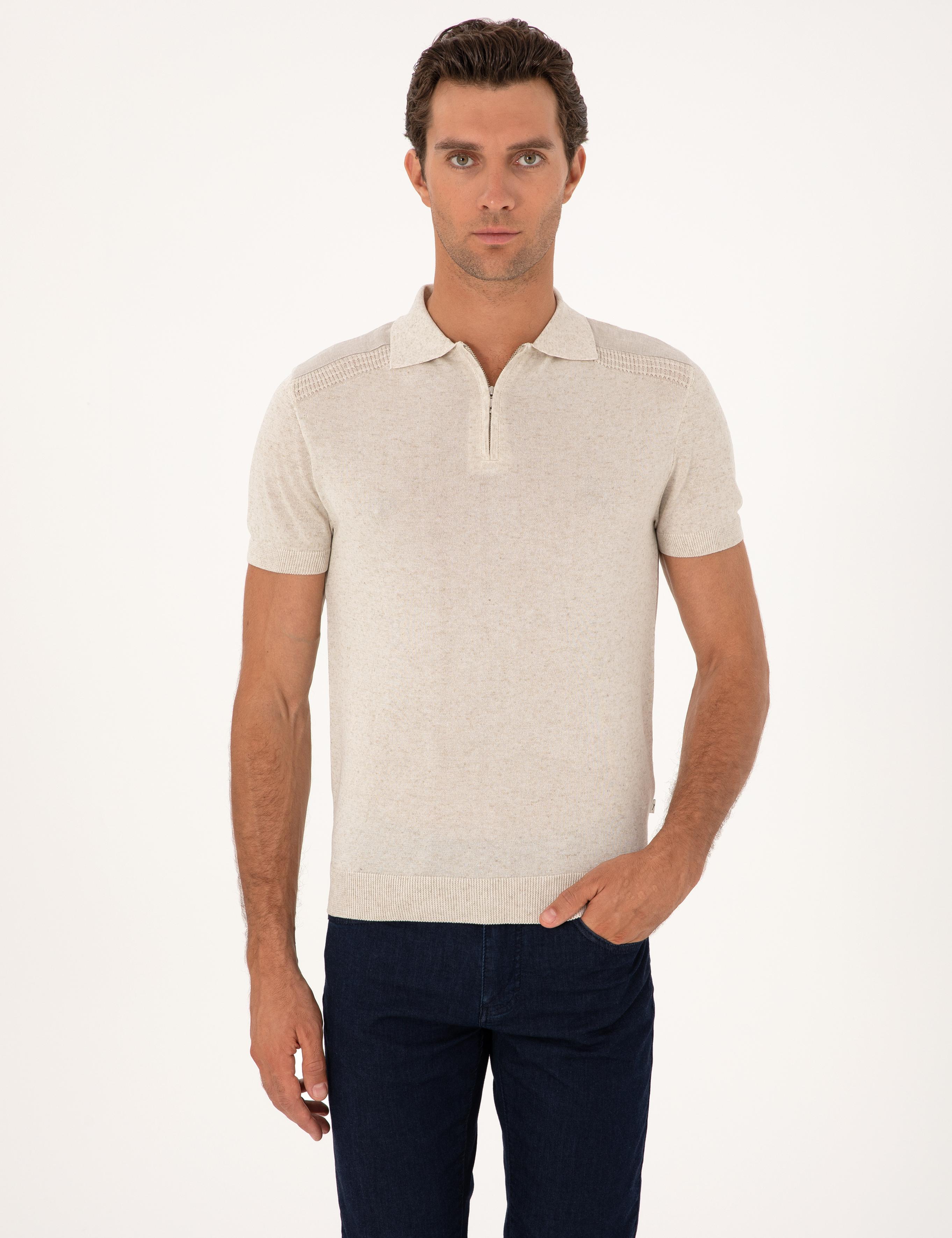 Ekru Slim Fit Keten Karışımlı Fermuarlı Polo Yaka Triko T-shirt - 50300822012