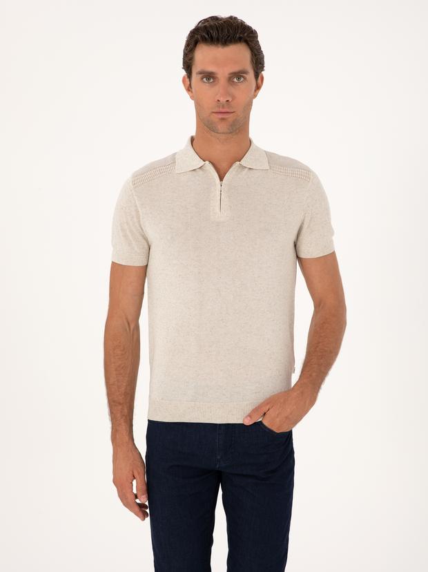 Ekru Slim Fit Keten Karışımlı Fermuarlı Polo Yaka Triko T-shirt