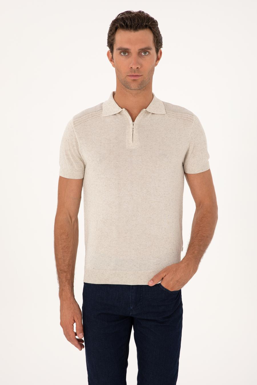 Ekru Slim Fit Keten Karışımlı Fermuarlı Polo Yaka Triko T-shirt - 50300822012