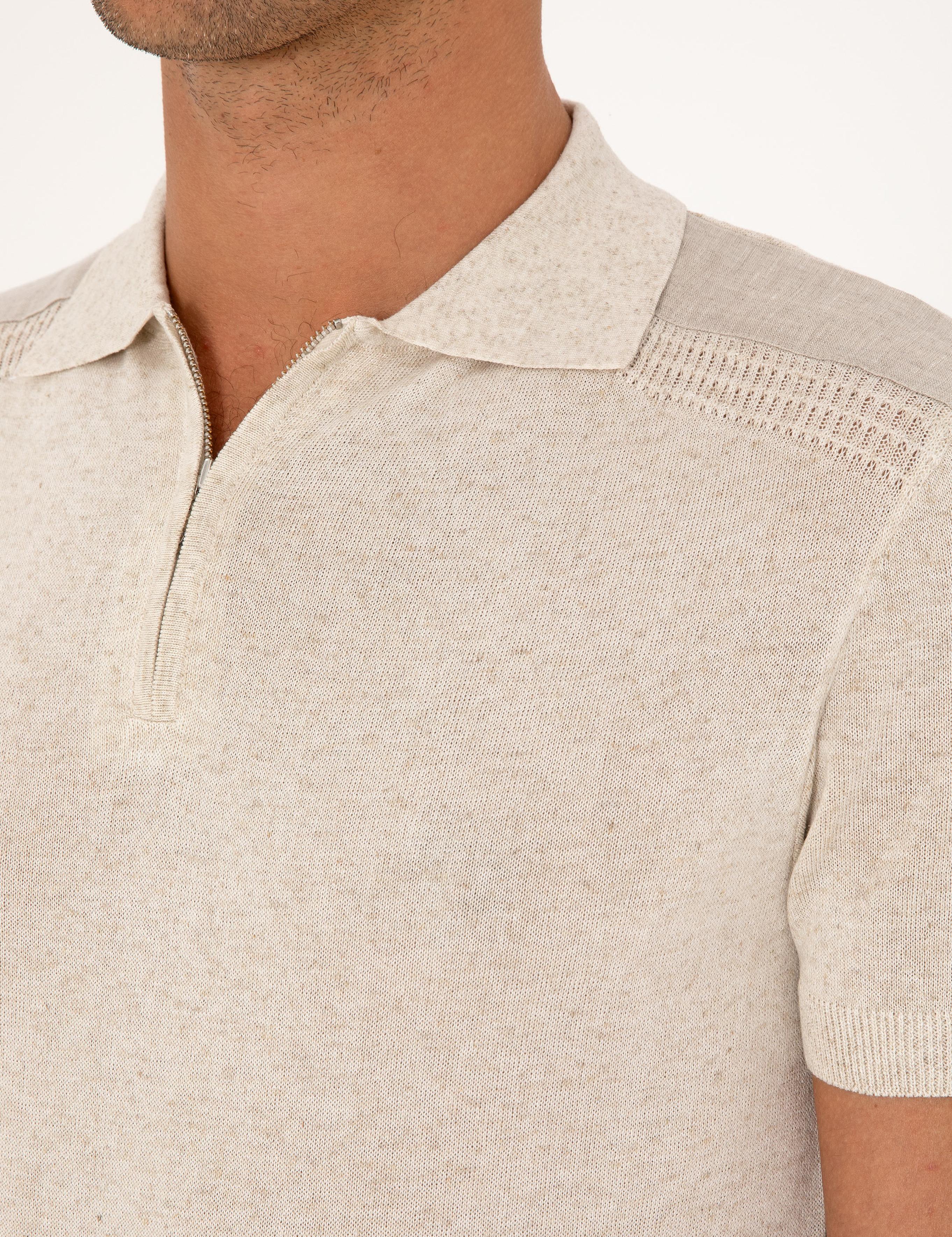 Ekru Slim Fit Keten Karışımlı Fermuarlı Polo Yaka Triko T-shirt - 50300822012