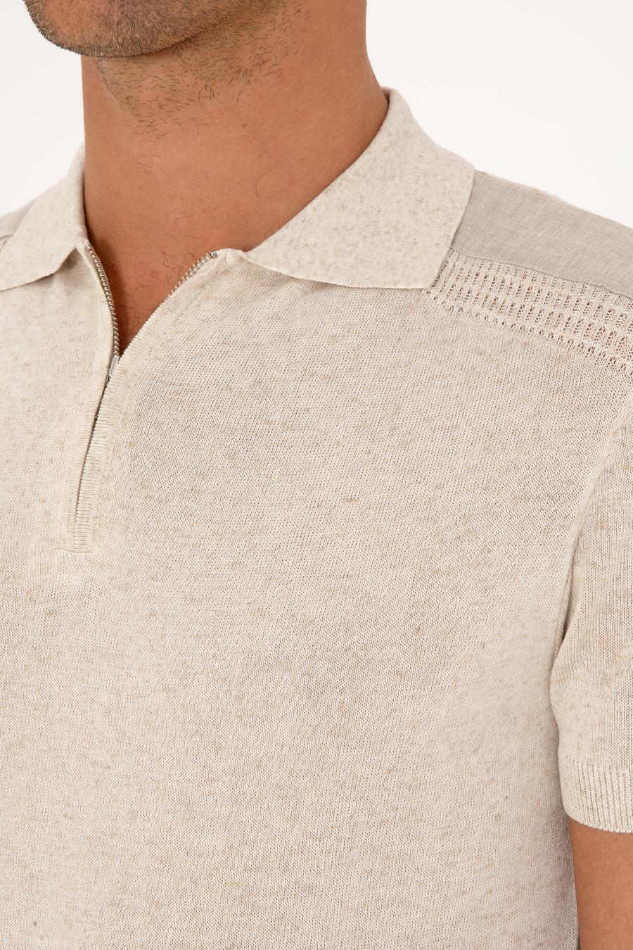 Ekru Slim Fit Keten Karışımlı Fermuarlı Polo Yaka Triko T-shirt - 50300822012