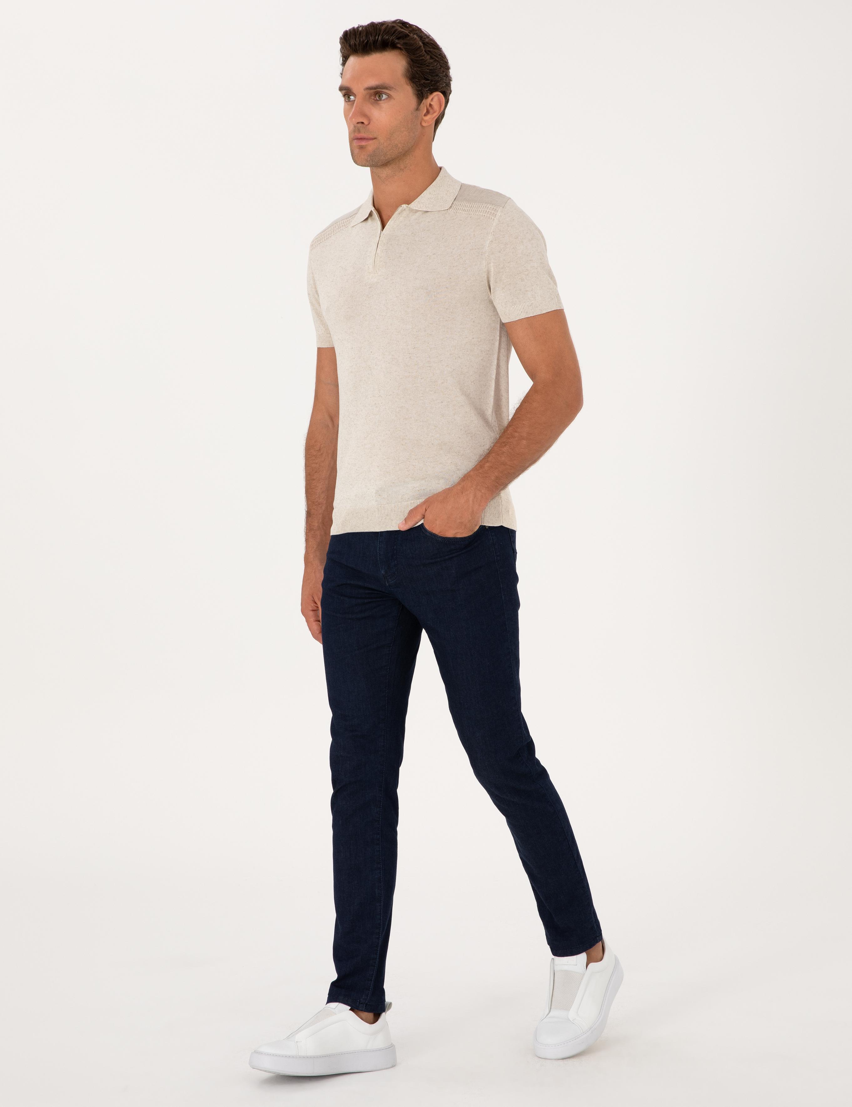 Ekru Slim Fit Keten Karışımlı Fermuarlı Polo Yaka Triko T-shirt - 50300822012