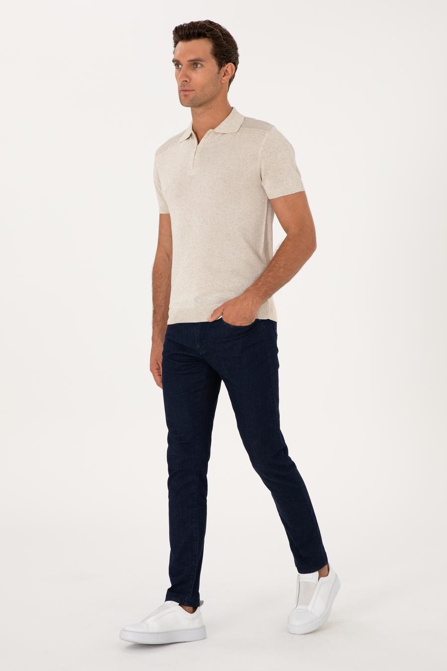 Ekru Slim Fit Keten Karışımlı Fermuarlı Polo Yaka Triko T-shirt - 50300822012