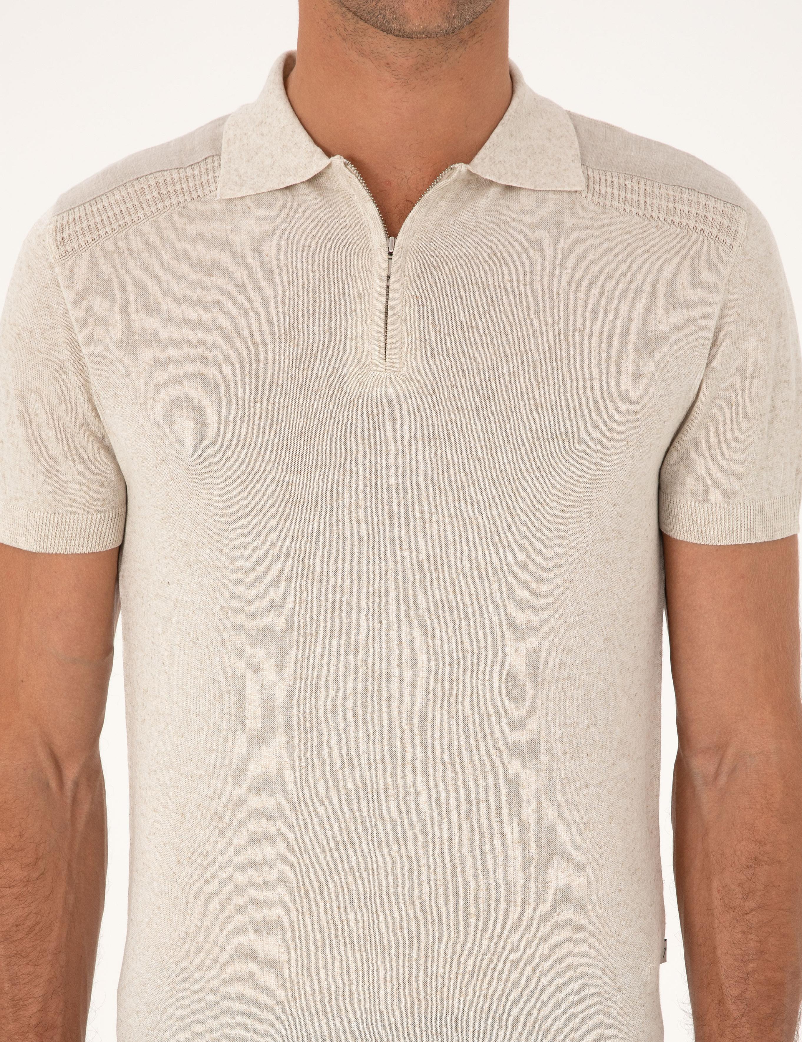 Ekru Slim Fit Keten Karışımlı Fermuarlı Polo Yaka Triko T-shirt - 50300822012