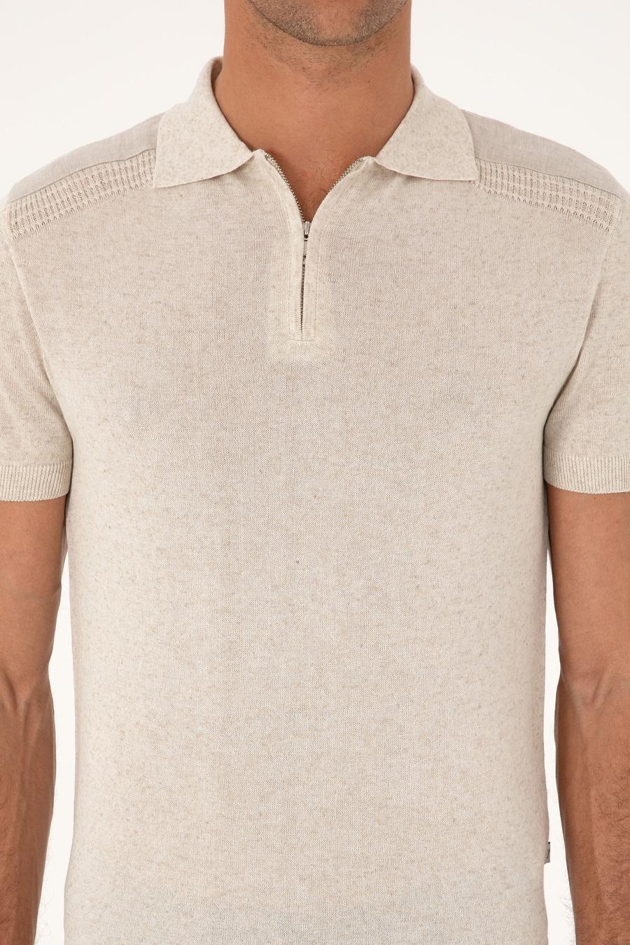 Ekru Slim Fit Keten Karışımlı Fermuarlı Polo Yaka Triko T-shirt - 50300822012