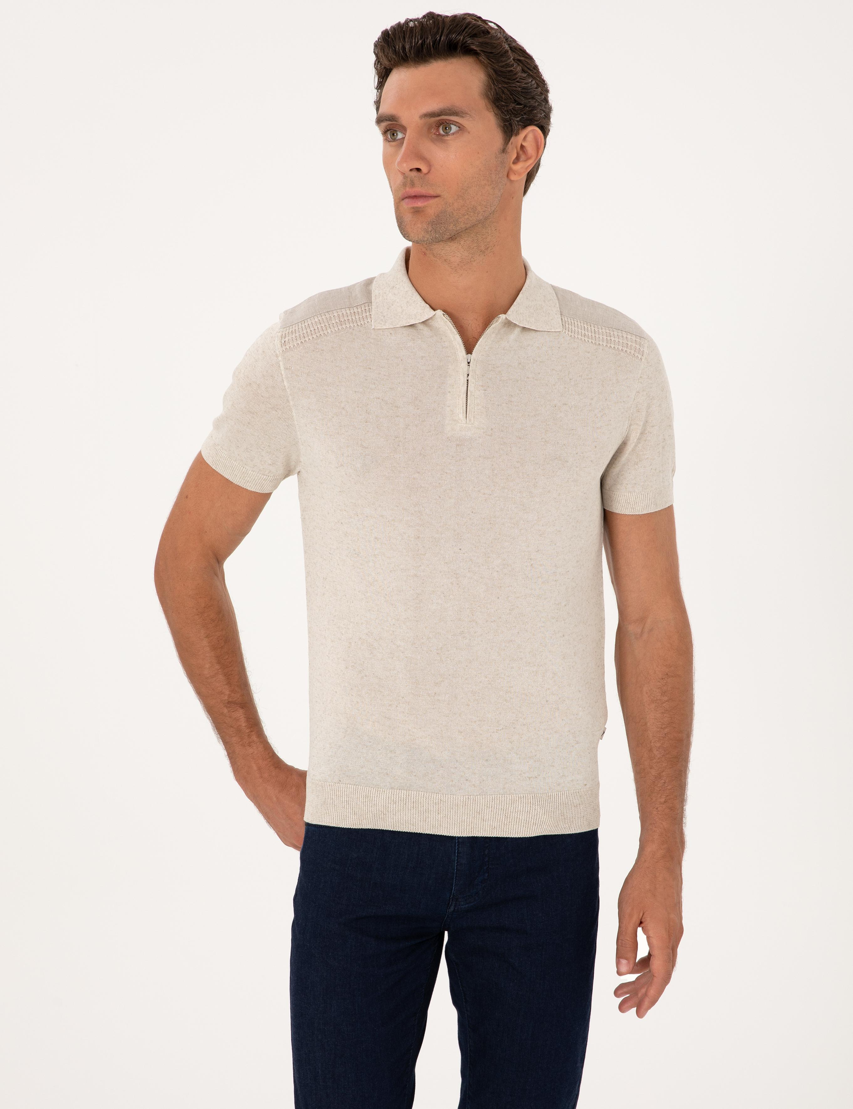Ekru Slim Fit Keten Karışımlı Fermuarlı Polo Yaka Triko T-shirt - 50300822012