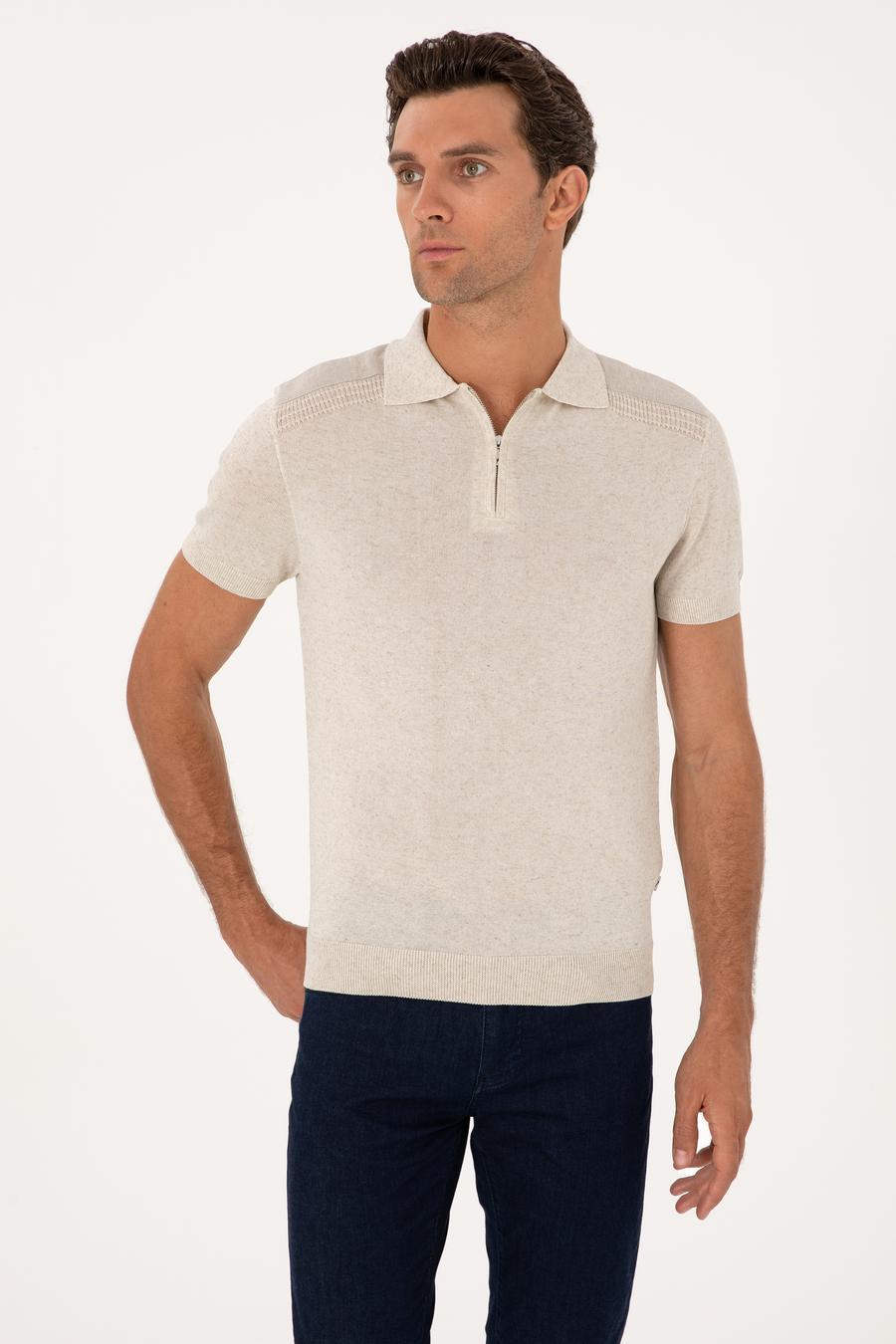 Ekru Slim Fit Keten Karışımlı Fermuarlı Polo Yaka Triko T-shirt - 50300822012