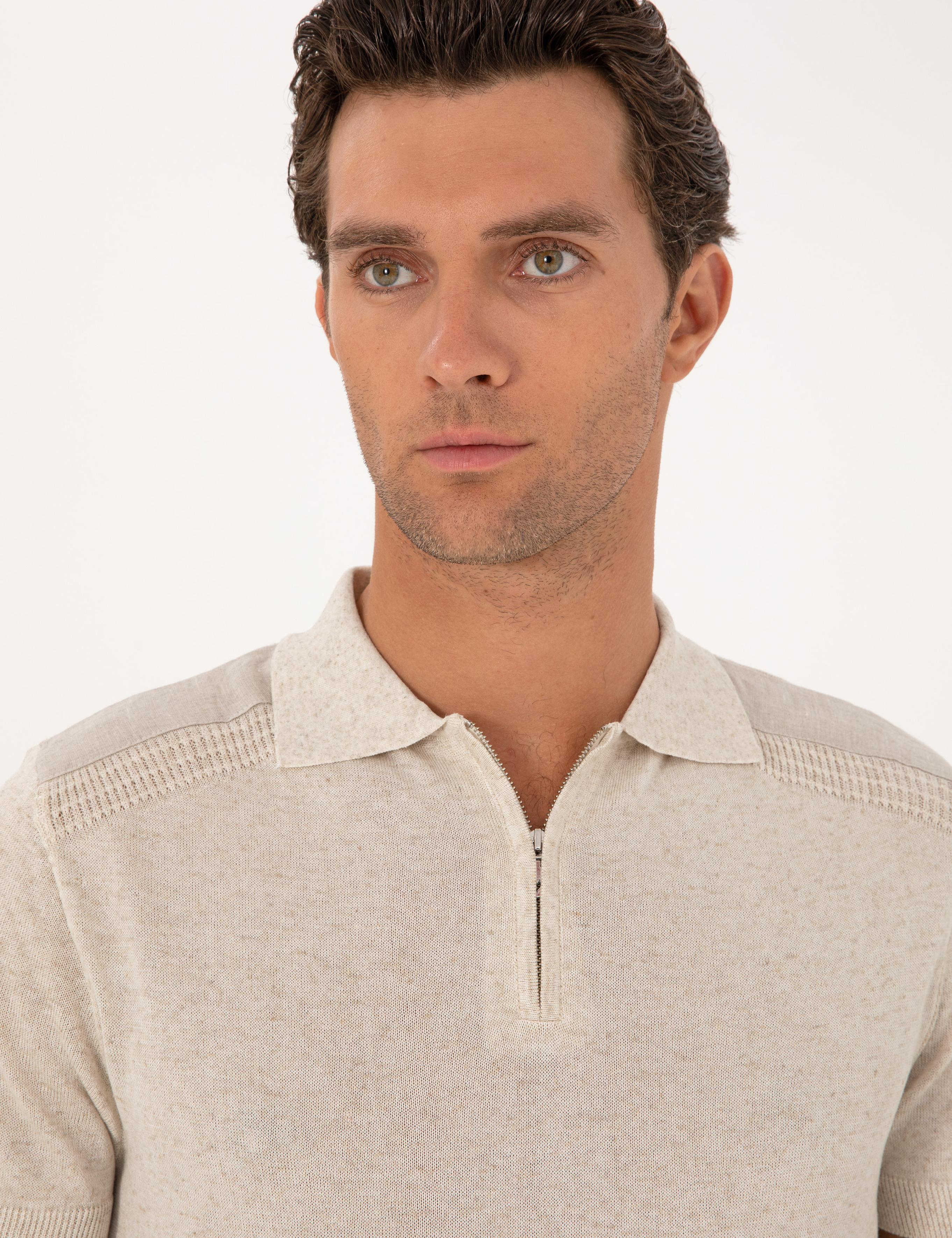 Ekru Slim Fit Keten Karışımlı Fermuarlı Polo Yaka Triko T-shirt - 50300822012