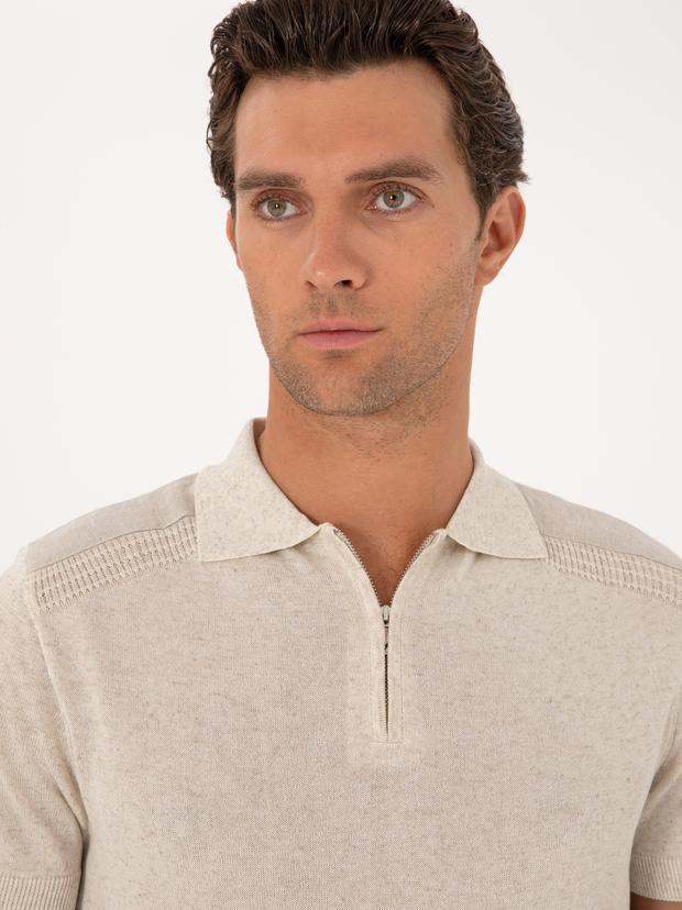 Ekru Slim Fit Keten Karışımlı Fermuarlı Polo Yaka Triko T-shirt