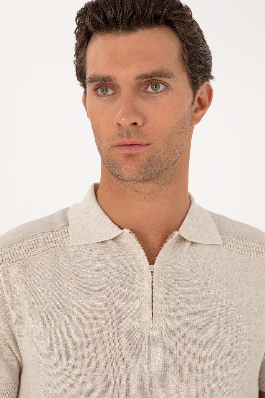 Ekru Slim Fit Keten Karışımlı Fermuarlı Polo Yaka Triko T-shirt - 50300822012