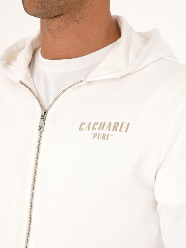 Ekru Regular Fit %100 Pamuk Tam Fermuarlı Kapüşonlu Sweatshirt