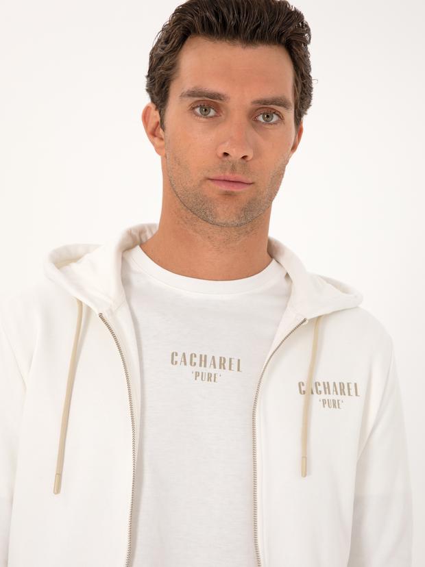 Ekru Regular Fit %100 Pamuk Tam Fermuarlı Kapüşonlu Sweatshirt