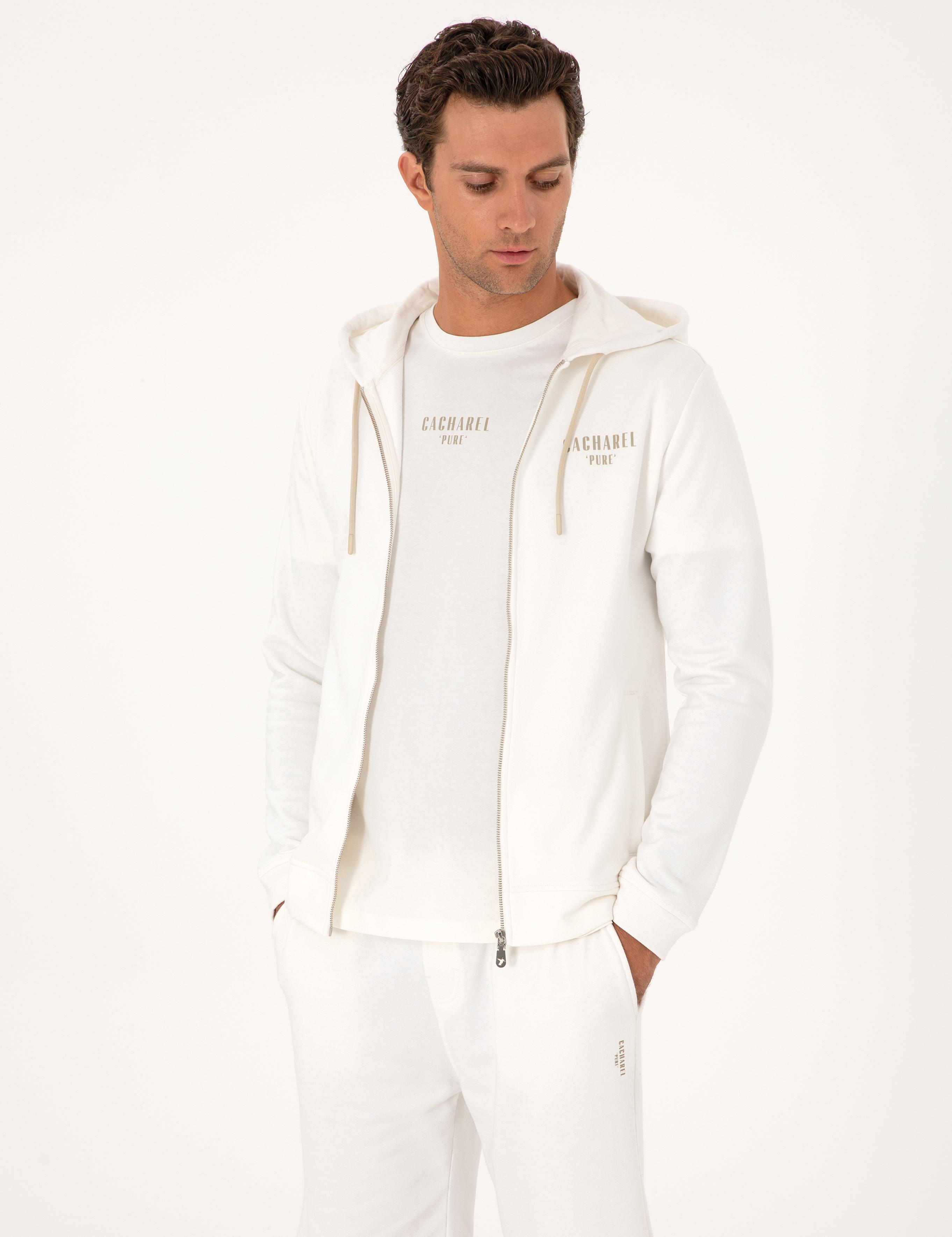 Ekru Regular Fit %100 Pamuk Tam Fermuarlı Kapüşonlu Sweatshirt - 50302481021
