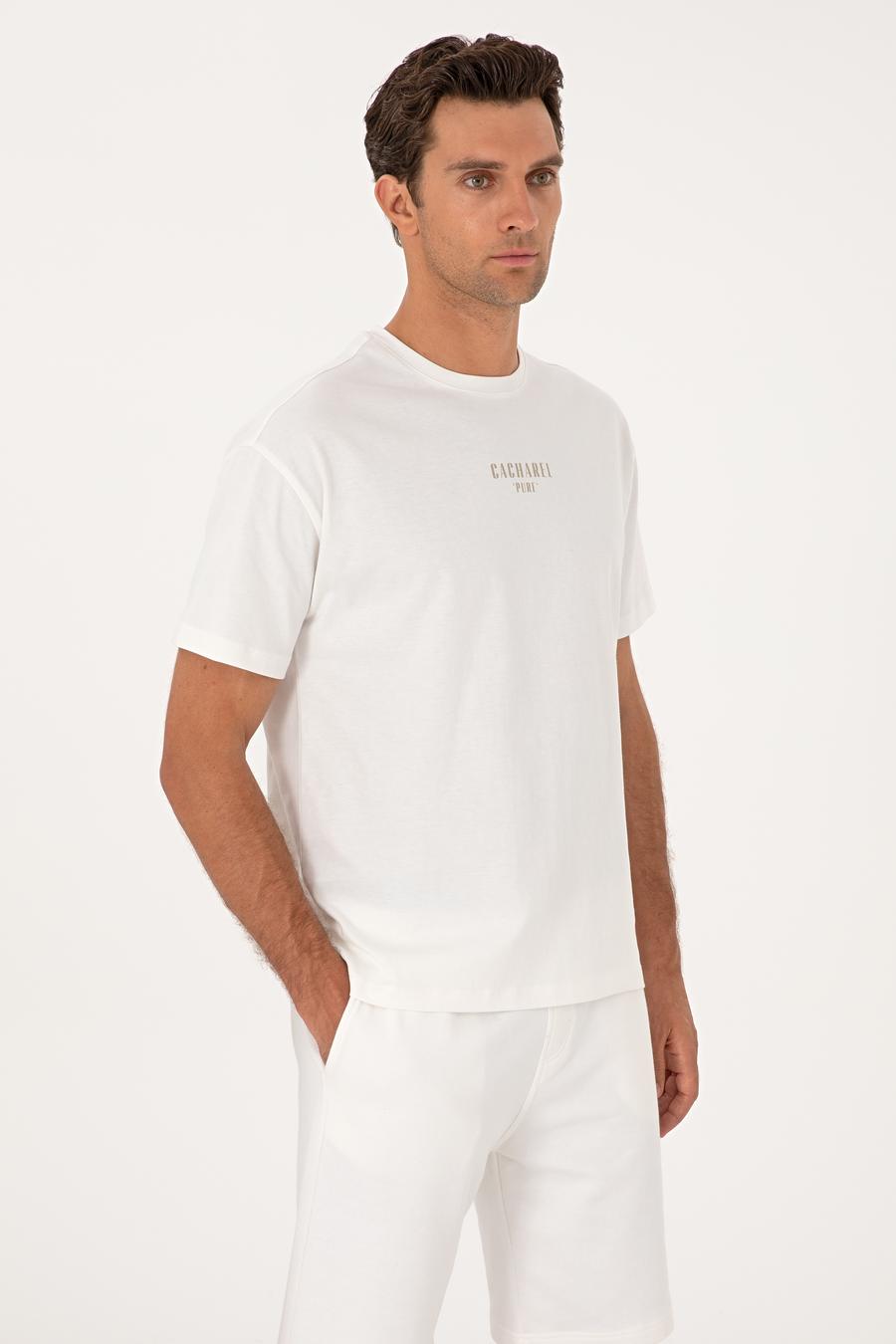 Ekru Oversize %100 Pamuk Bisiklet Yaka T-shirt - 50302511022