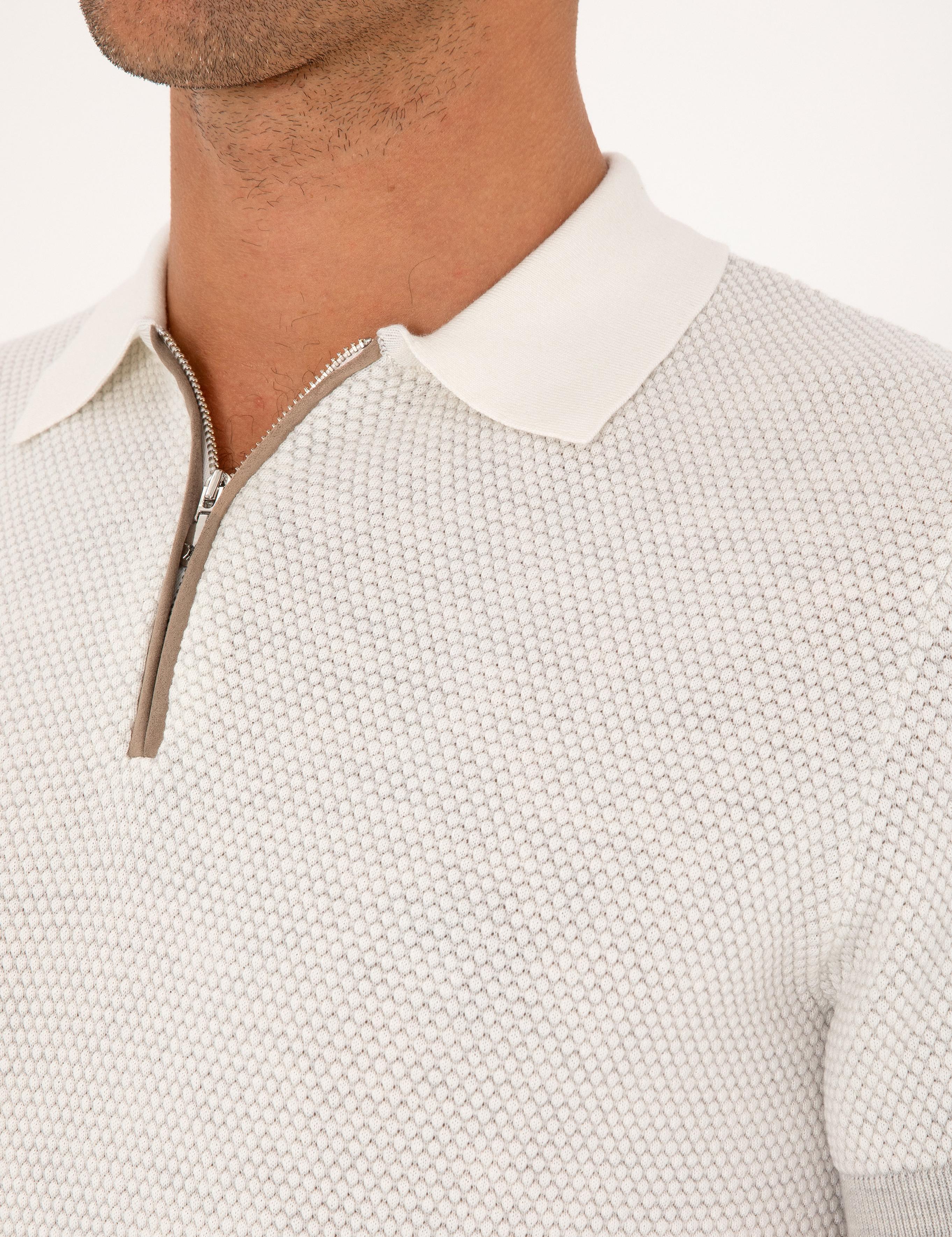 Açık Gri Slim Fit %100 Pamuk Fermuarlı Polo Yaka Triko T-shirt - 50305981006