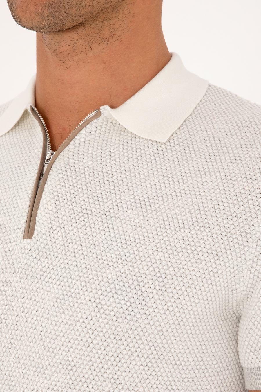 Açık Gri Slim Fit %100 Pamuk Fermuarlı Polo Yaka Triko T-shirt - 50305981006