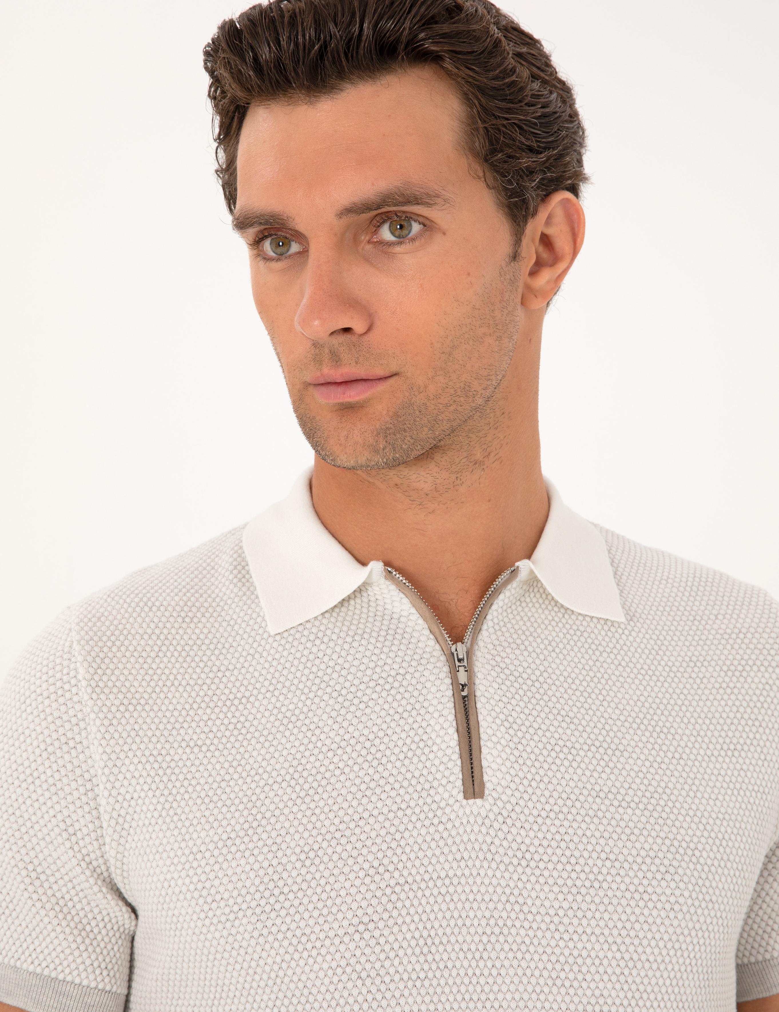 Açık Gri Slim Fit %100 Pamuk Fermuarlı Polo Yaka Triko T-shirt - 50305981006