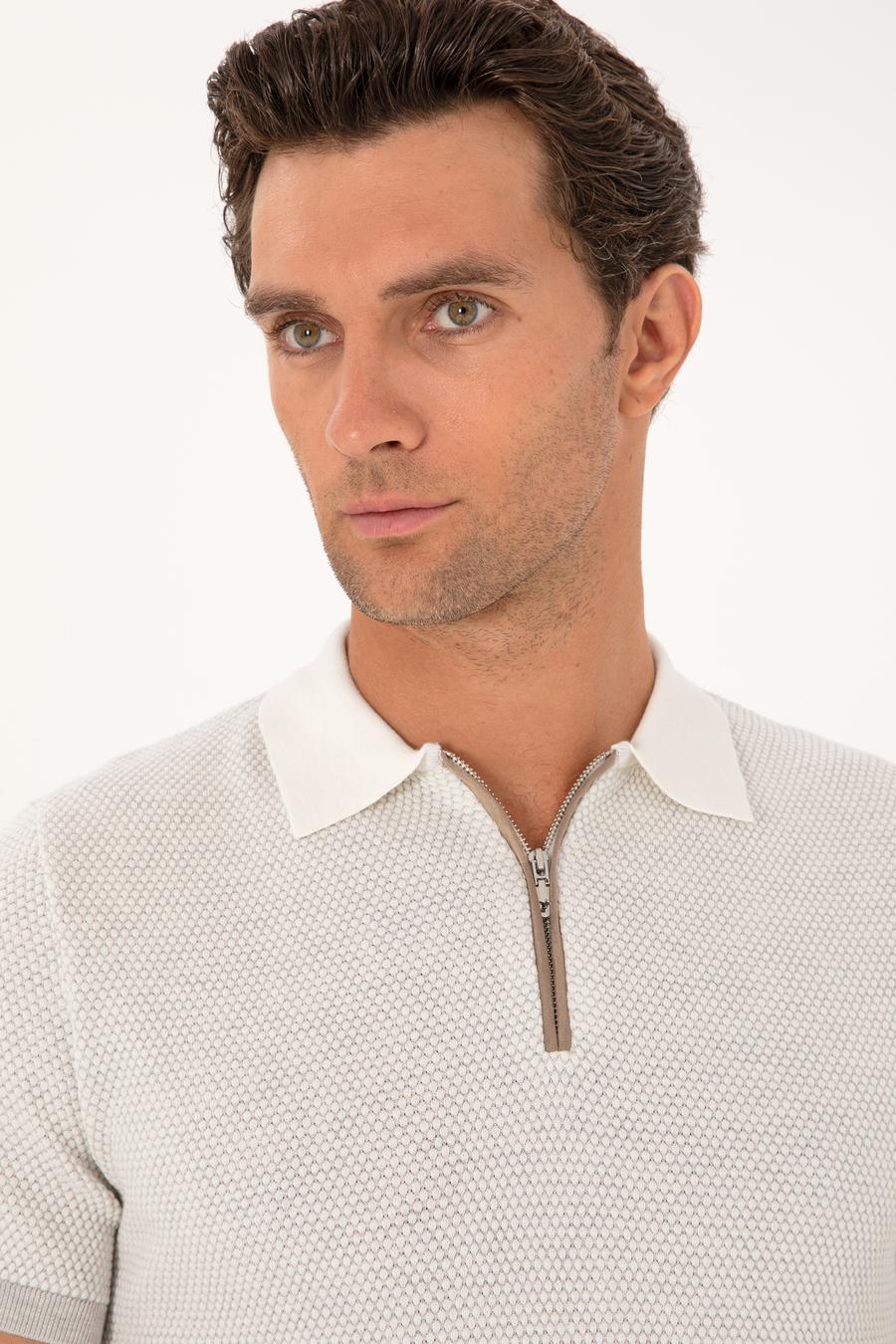 Açık Gri Slim Fit %100 Pamuk Fermuarlı Polo Yaka Triko T-shirt - 50305981006
