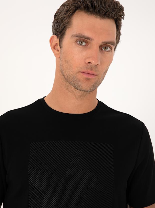 Siyah Regular Fit Baskılı Bisiklet Yaka T-shirt