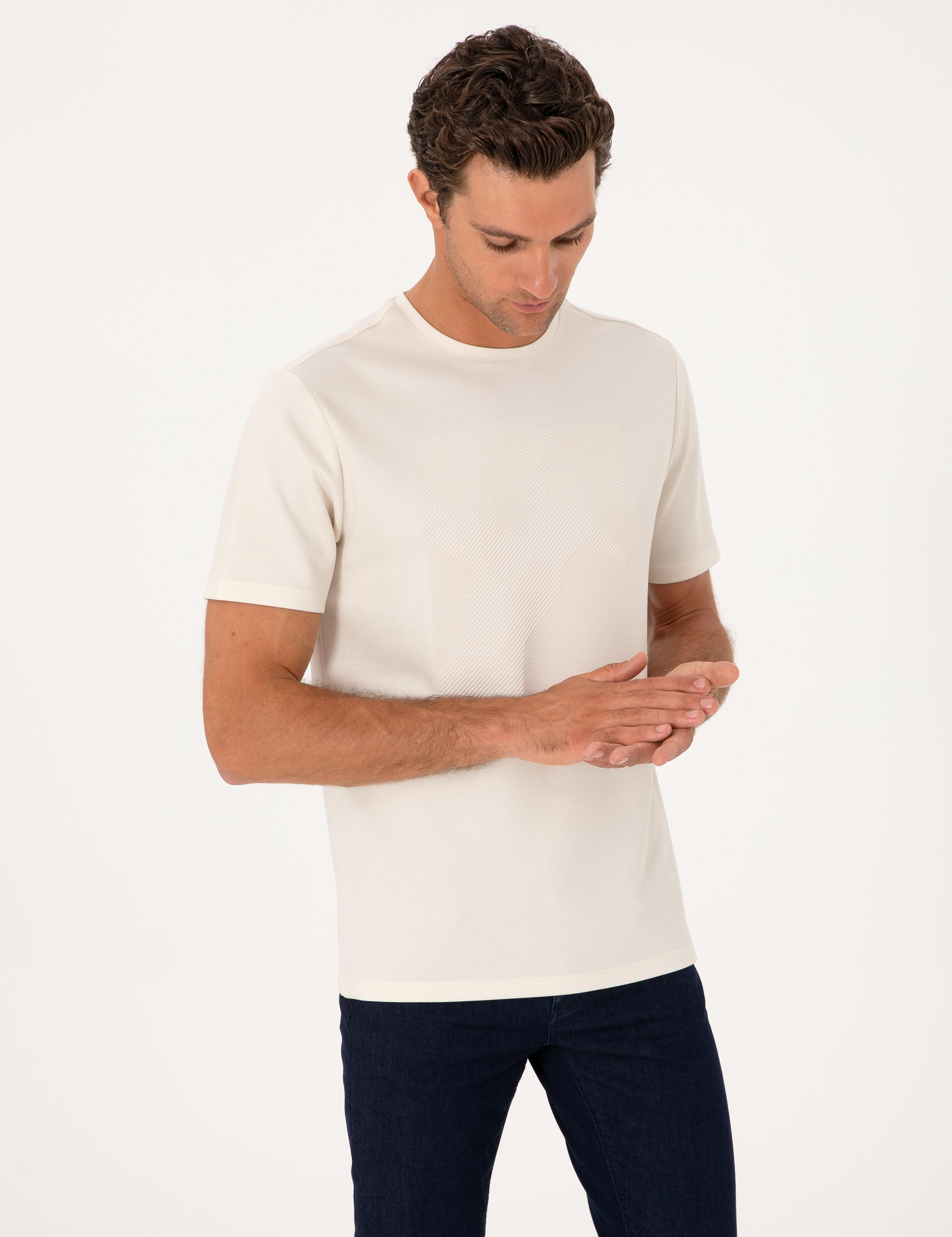 Ekru Regular Fit Baskılı Bisiklet Yaka T-shirt - 50311681034