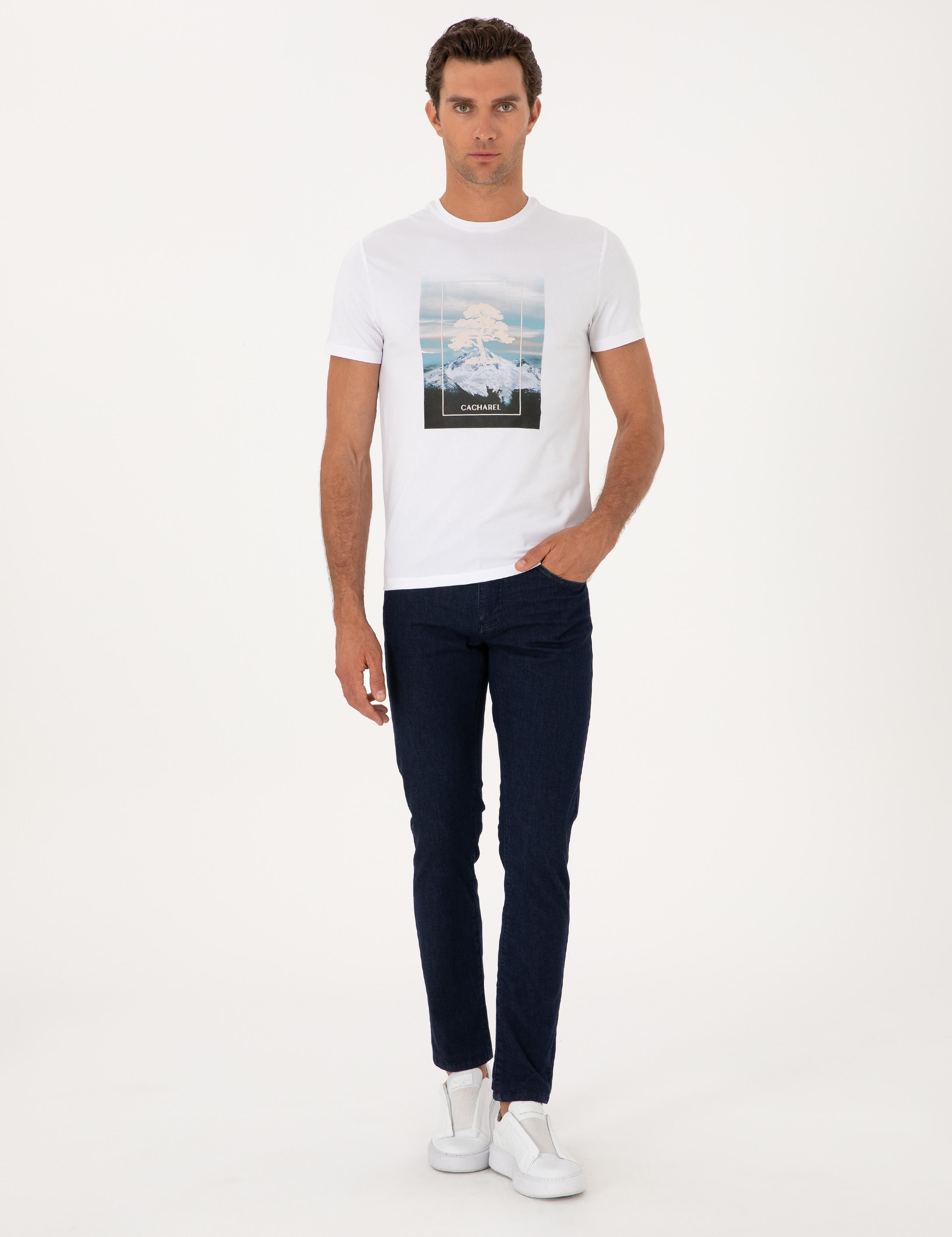 Beyaz Slim Fit Bisiklet Yaka Pamuk Karışımlı T-shirt - 50311403028