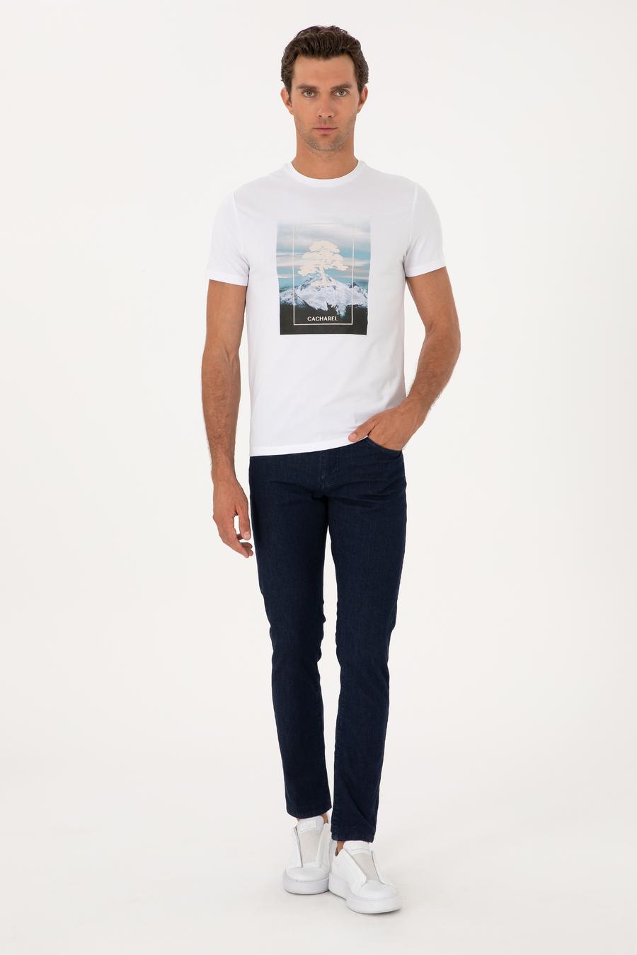 Beyaz Slim Fit Bisiklet Yaka Pamuk Karışımlı T-shirt - 50311403028