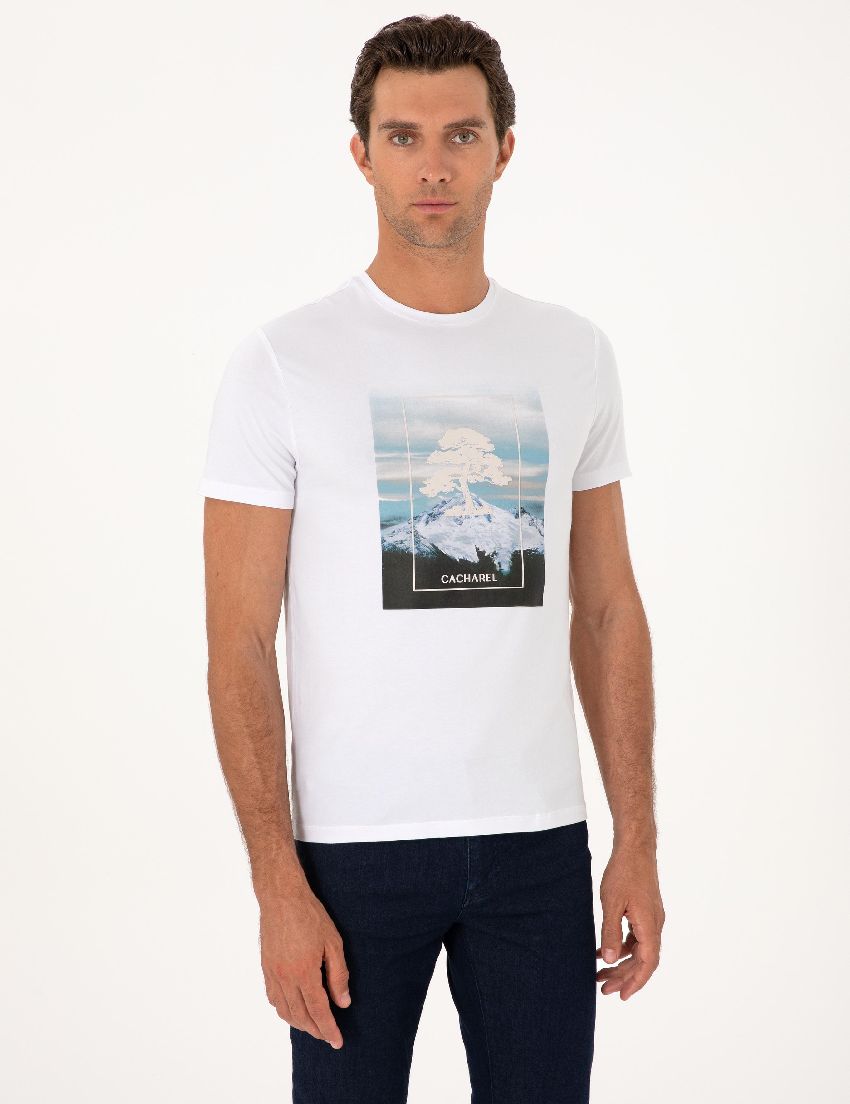 Beyaz Slim Fit Bisiklet Yaka Pamuk Karışımlı T-shirt - 50311403028