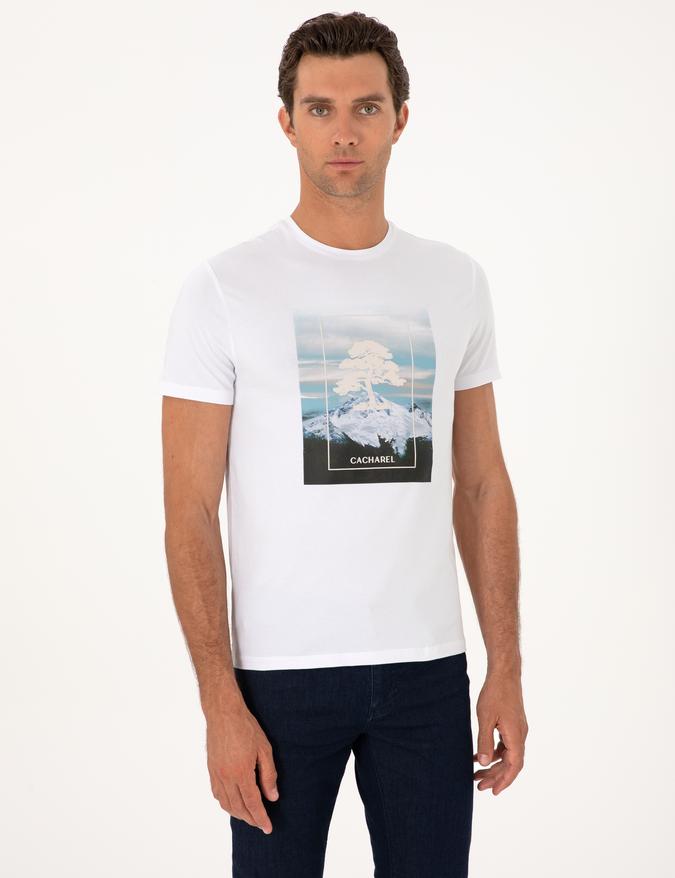Beyaz Slim Fit Bisiklet Yaka Pamuk Karışımlı T-shirt