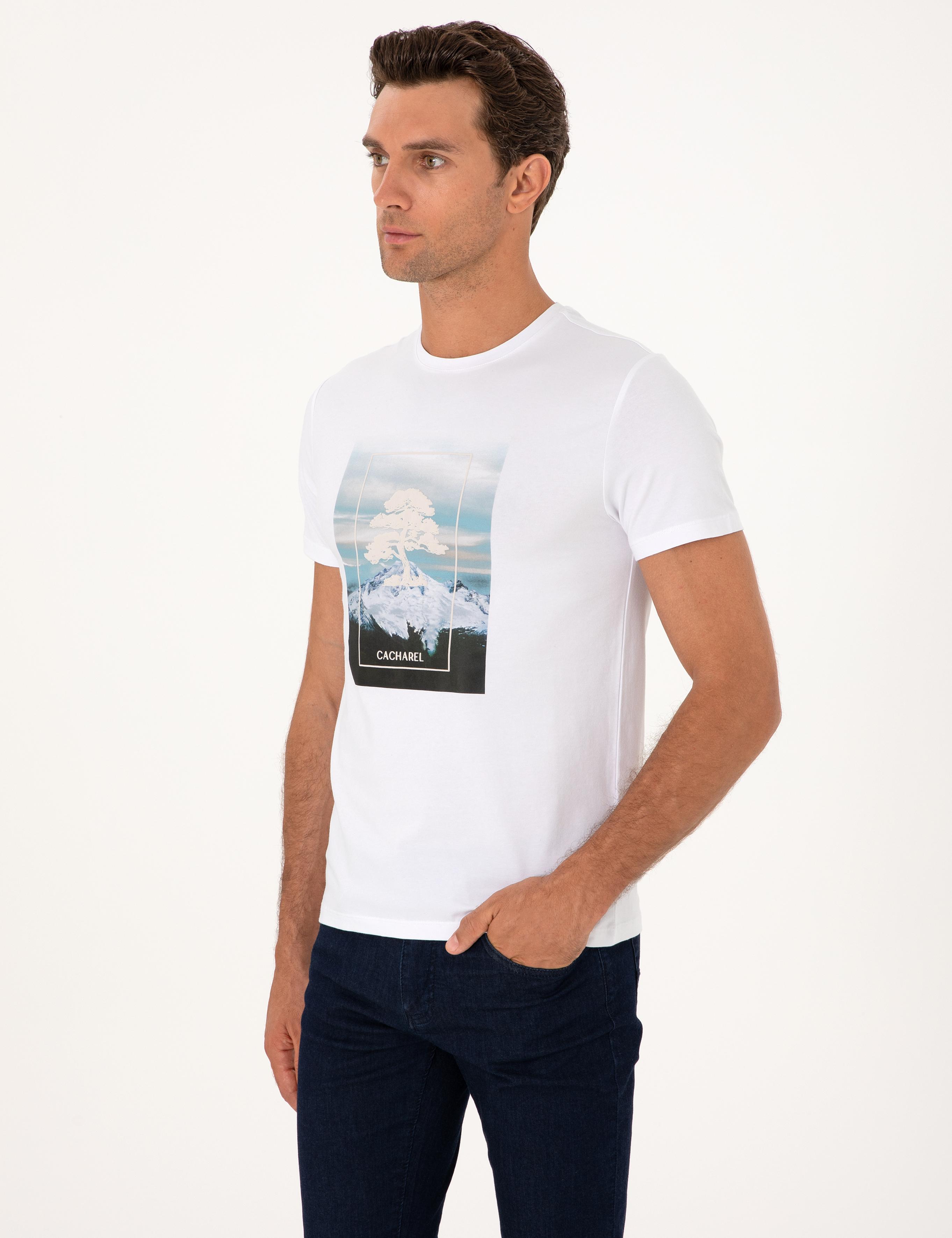 Beyaz Slim Fit Bisiklet Yaka Pamuk Karışımlı T-shirt - 50311403028