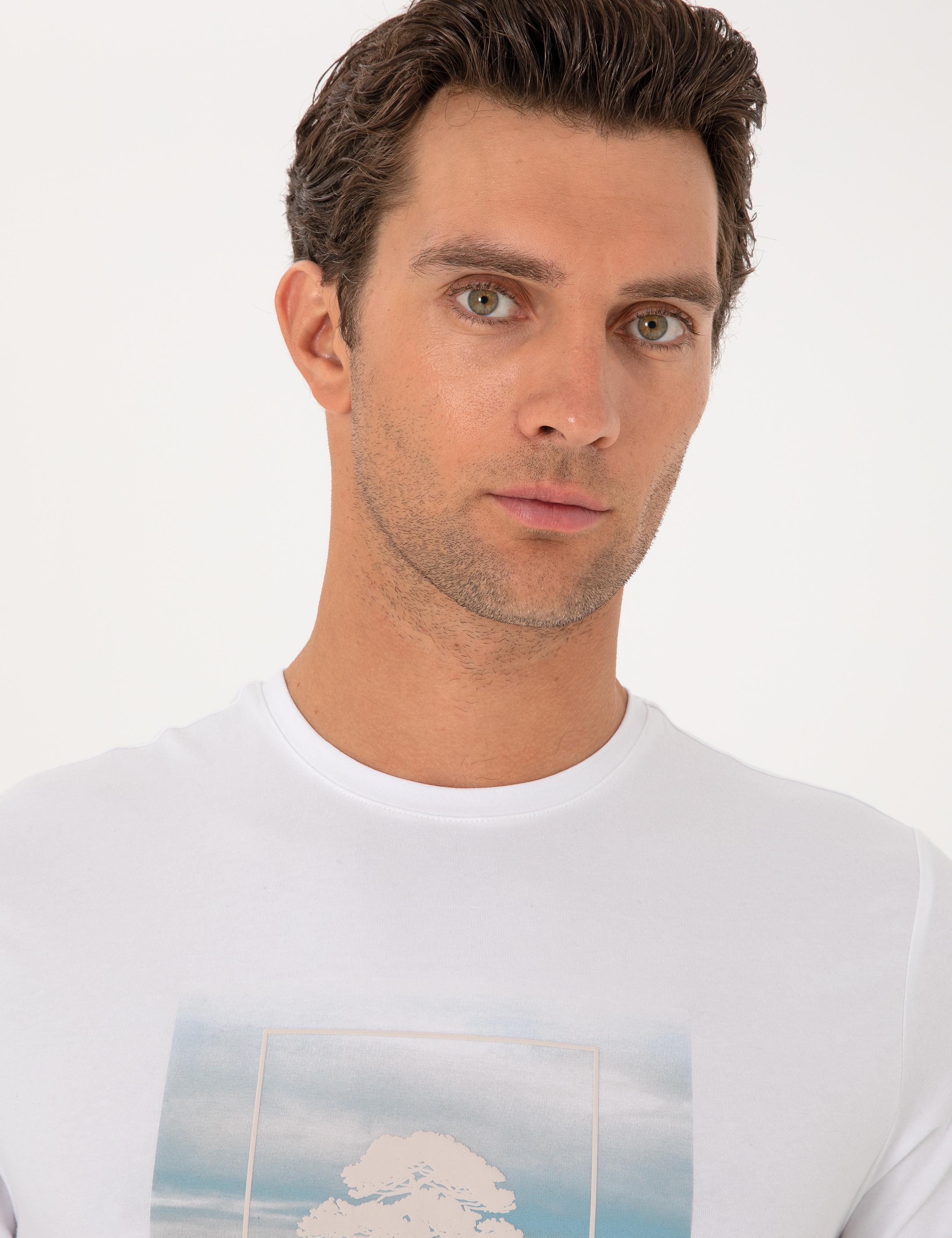 Beyaz Slim Fit Bisiklet Yaka Pamuk Karışımlı T-shirt - 50311403028