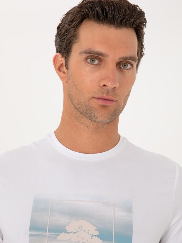 Beyaz Slim Fit Bisiklet Yaka Pamuk Karışımlı T-shirt